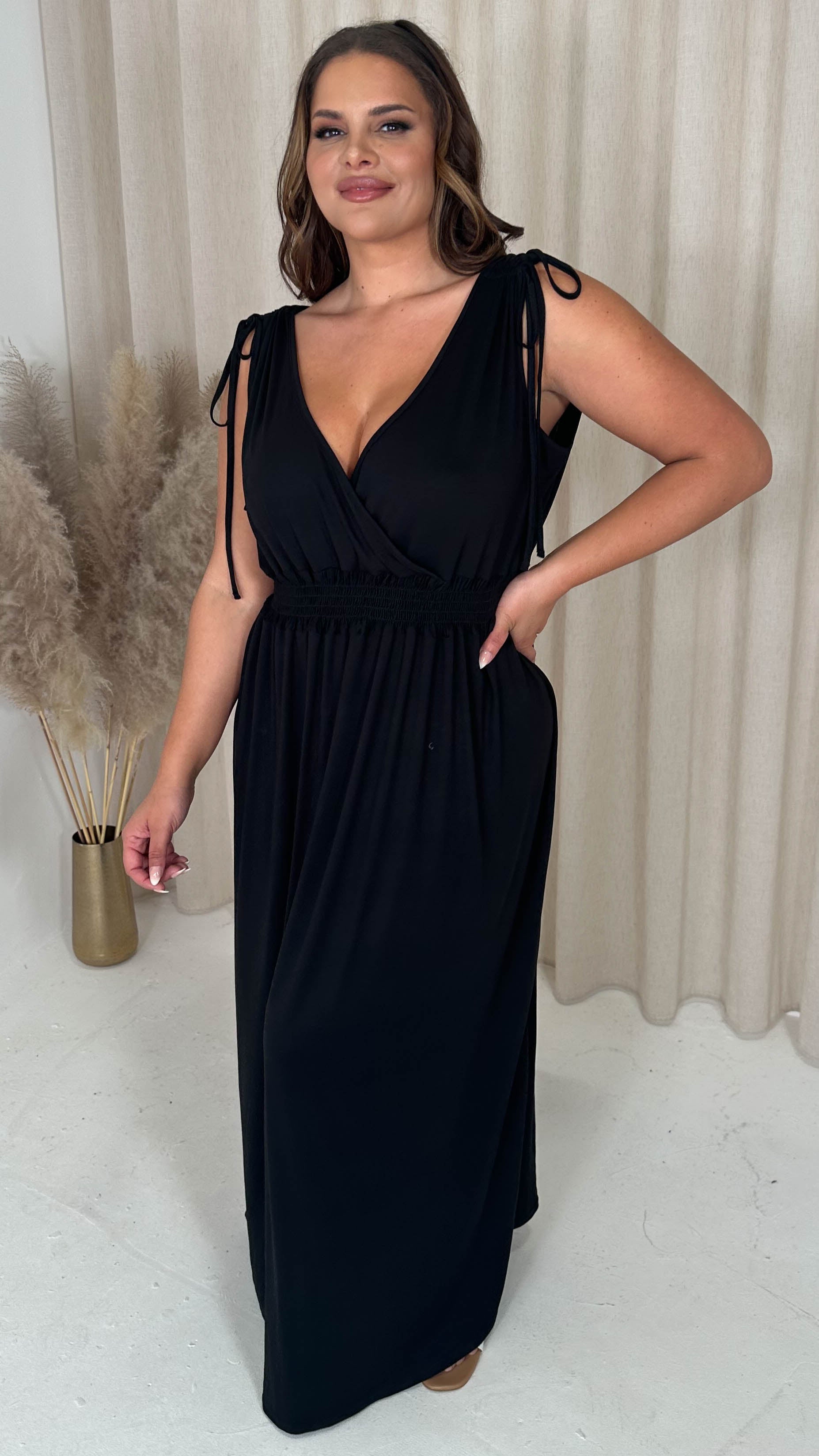 CurveWow Tie Shoulder Shirred Waist Maxi Dress Black