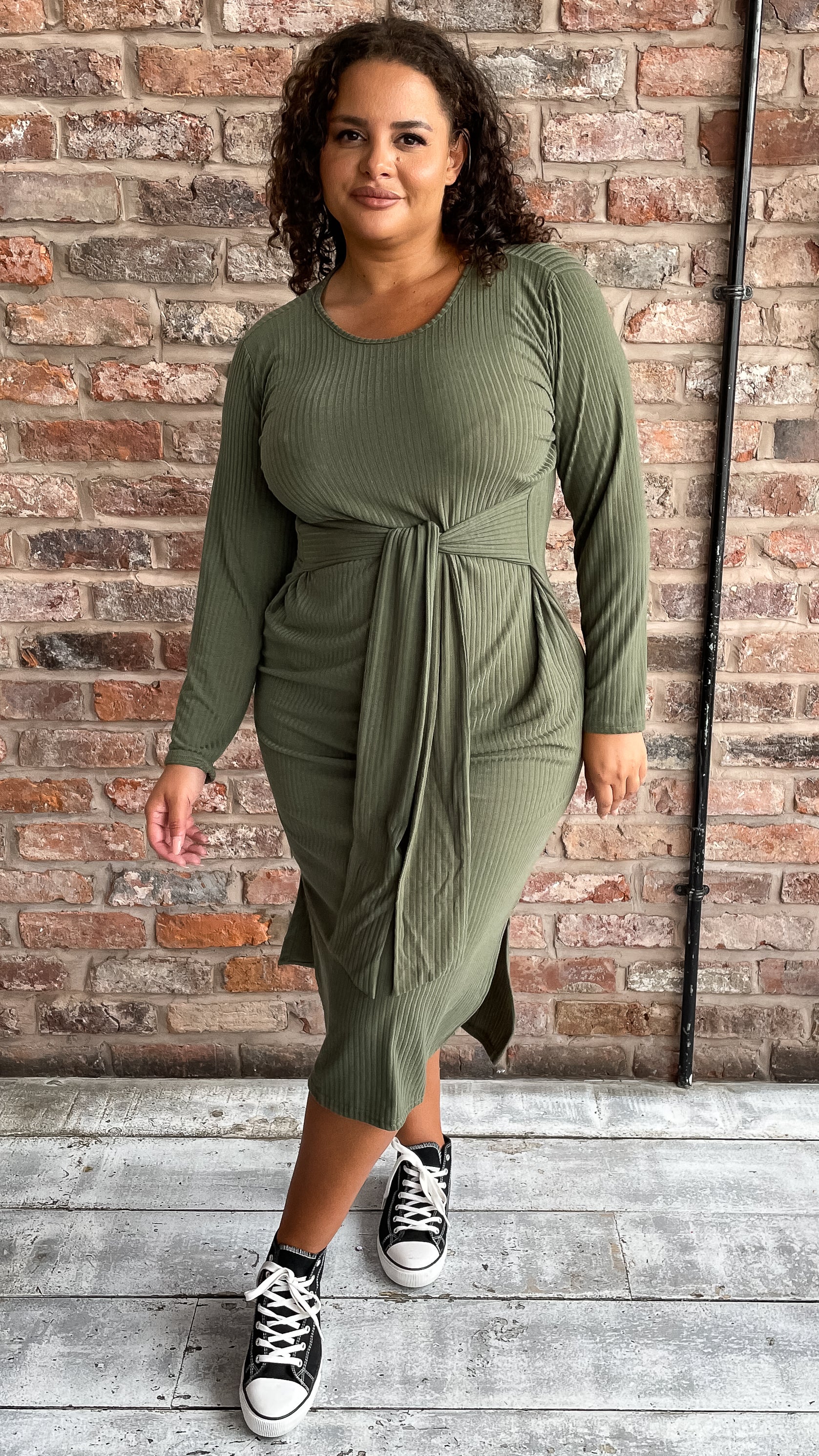 CurveWow Tie Waist Ribbed Midi Dress Khaki