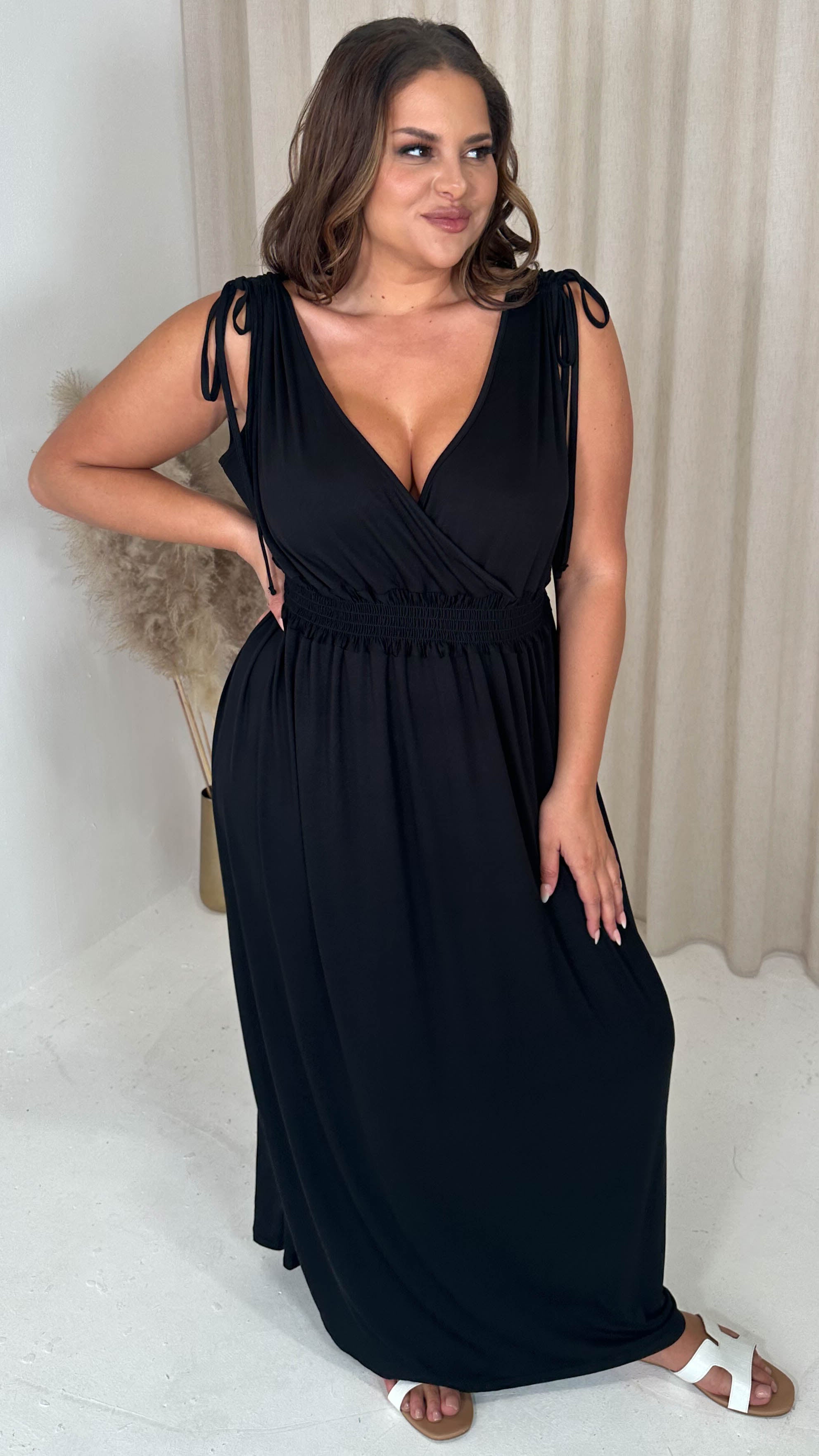CurveWow Tie Shoulder Shirred Waist Maxi Dress Black