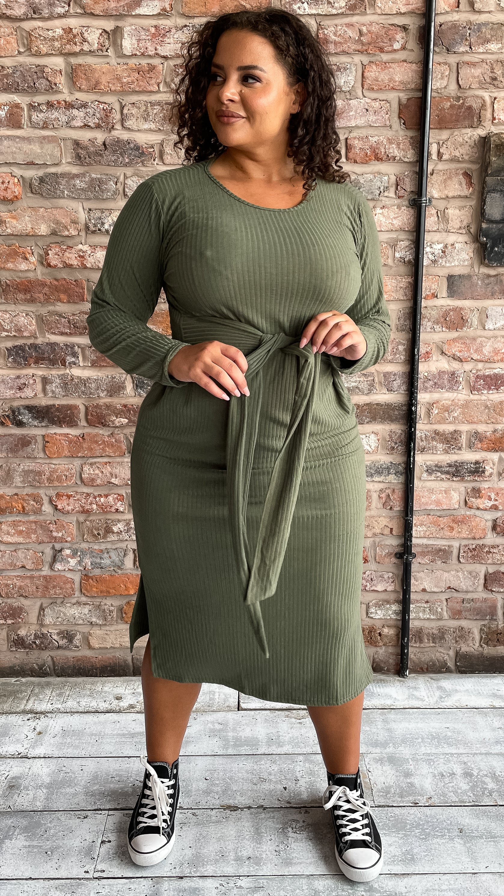 CurveWow Tie Waist Ribbed Midi Dress Khaki