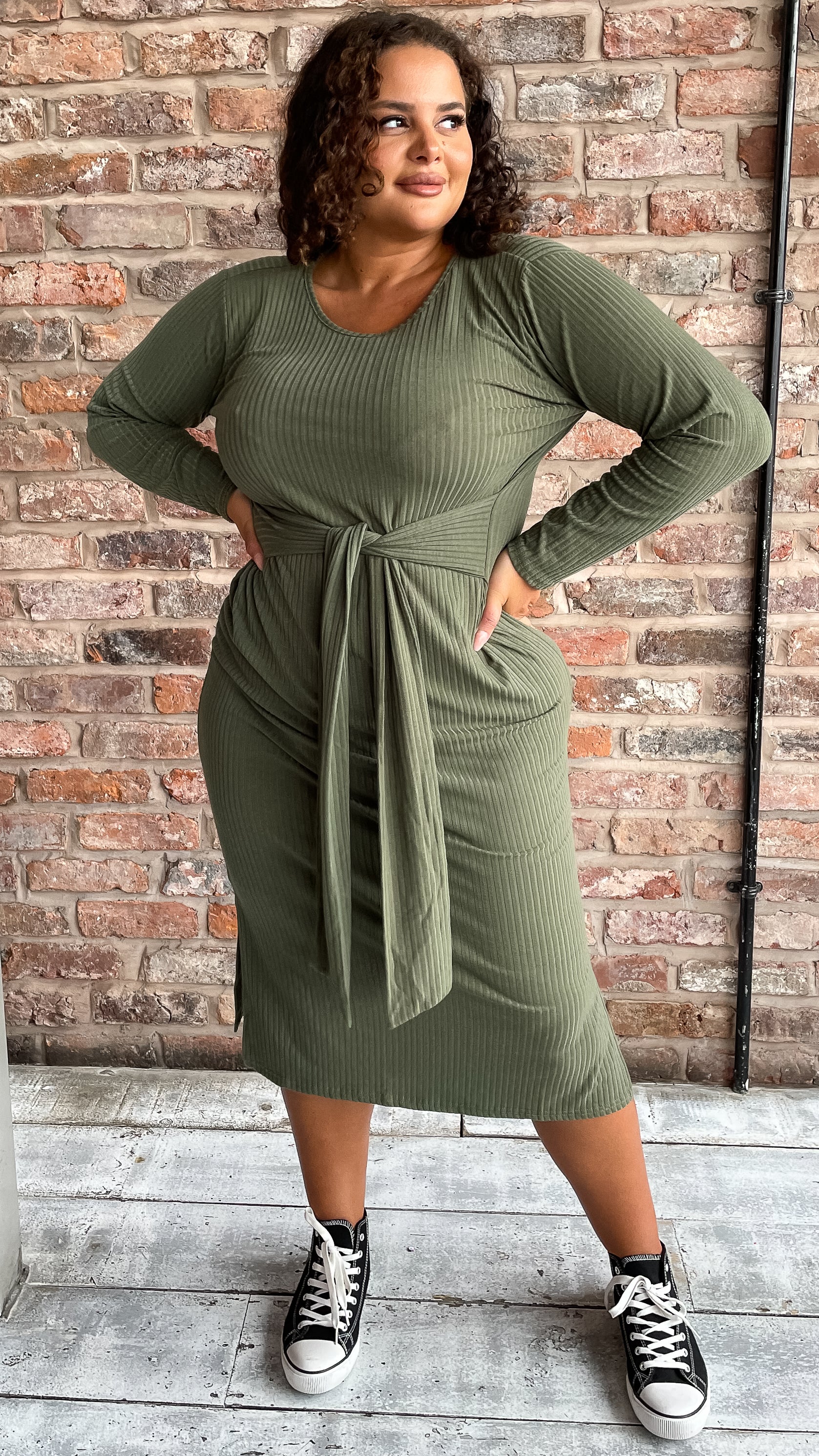CurveWow Tie Waist Ribbed Midi Dress Khaki