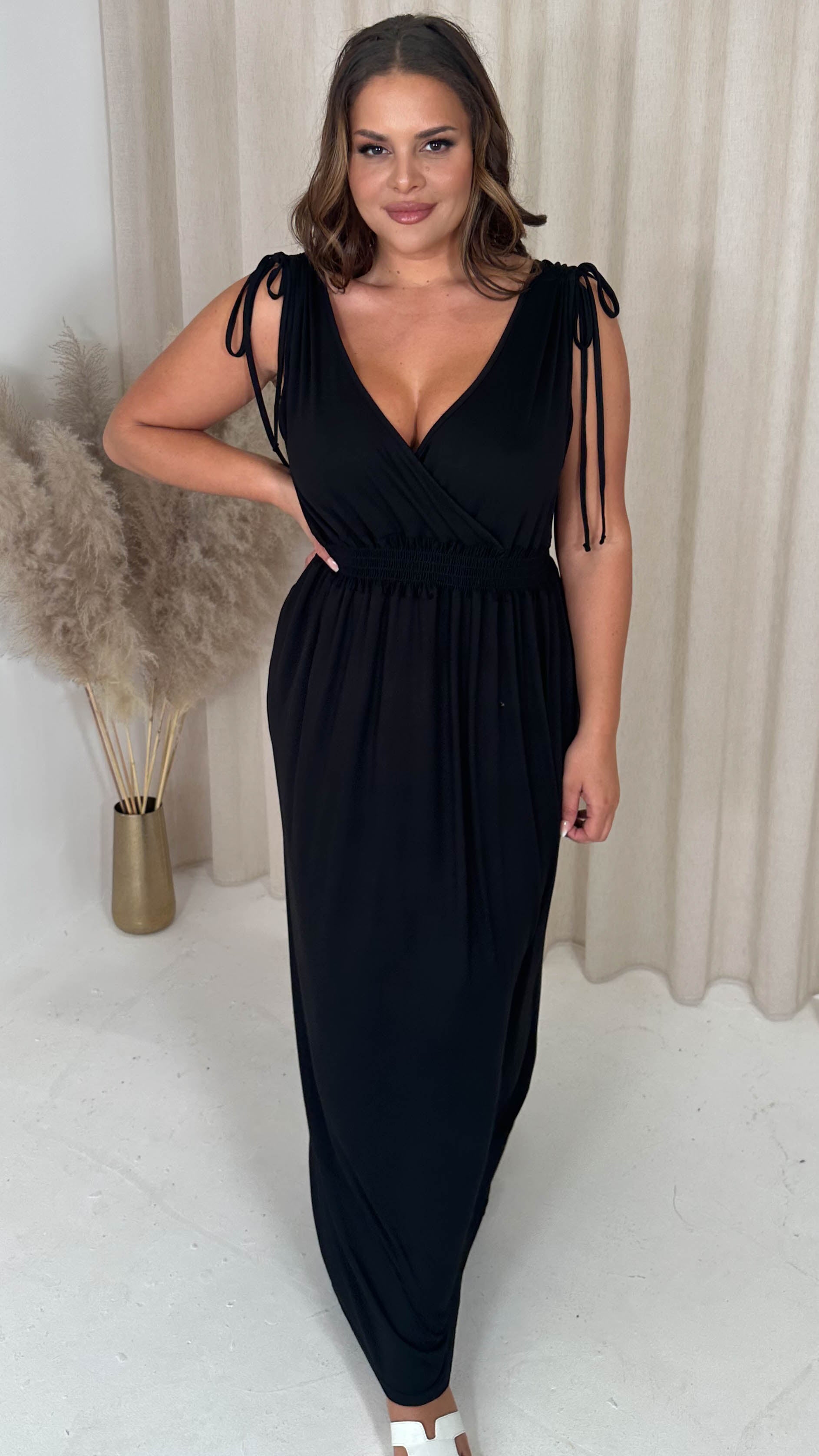 CurveWow Tie Shoulder Shirred Waist Maxi Dress Black