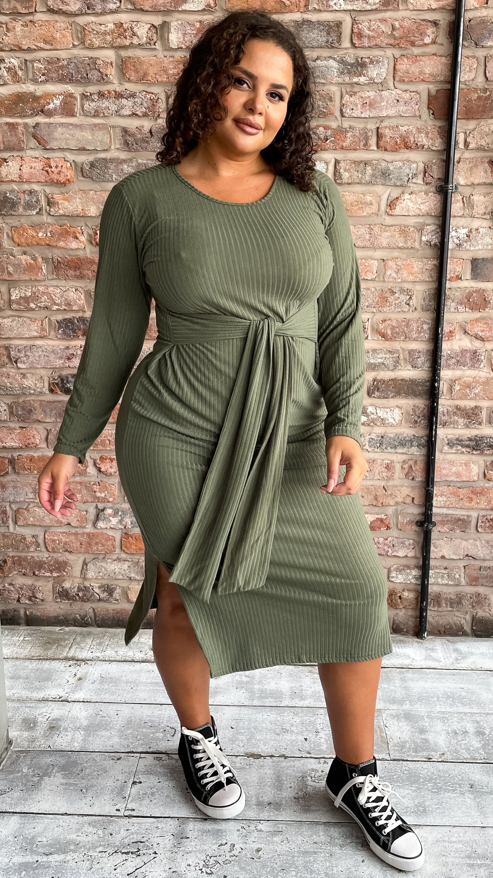 CurveWow Tie Waist Ribbed Midi Dress Khaki