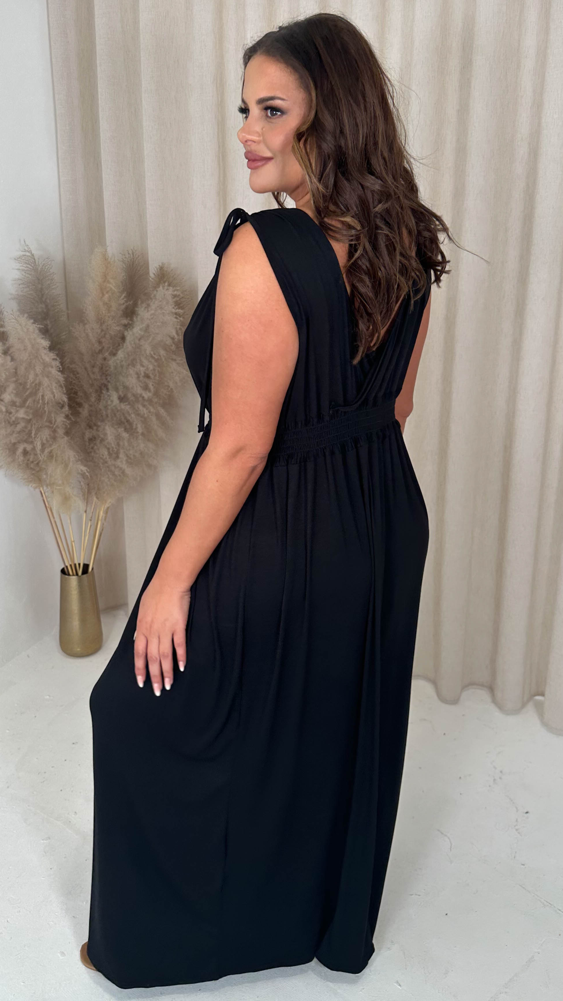 CurveWow Tie Shoulder Shirred Waist Maxi Dress Black