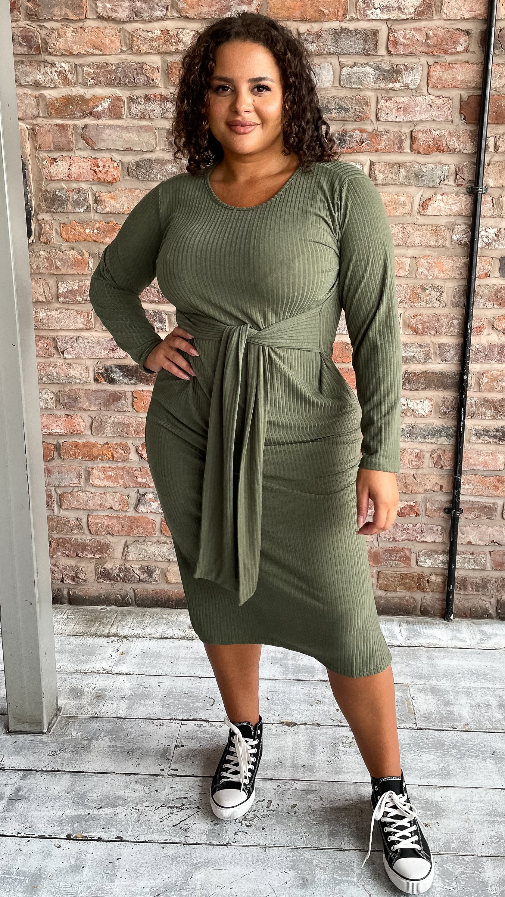CurveWow Tie Waist Ribbed Midi Dress Khaki