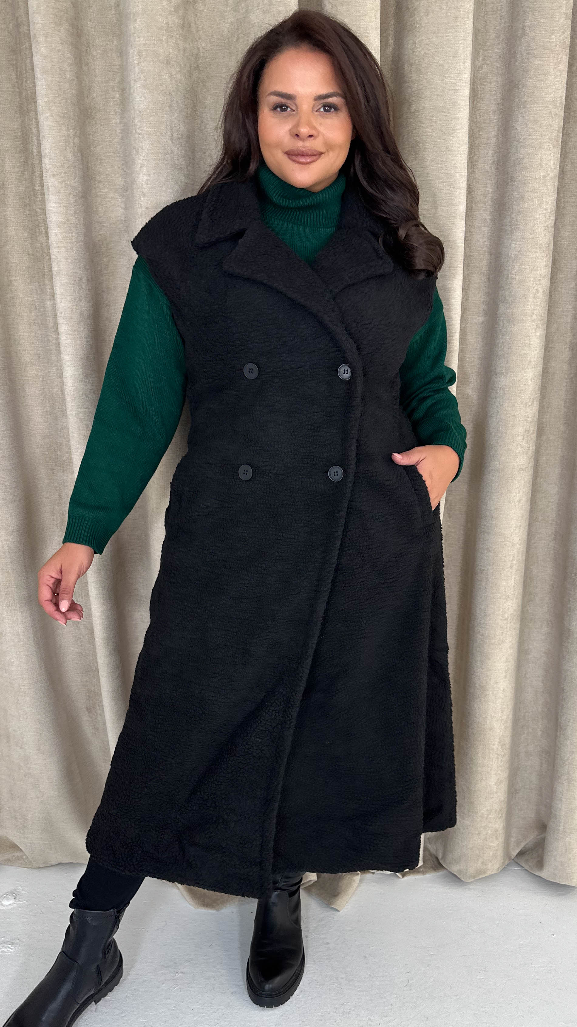 CurveWow Button Front Teddy Gilet Black