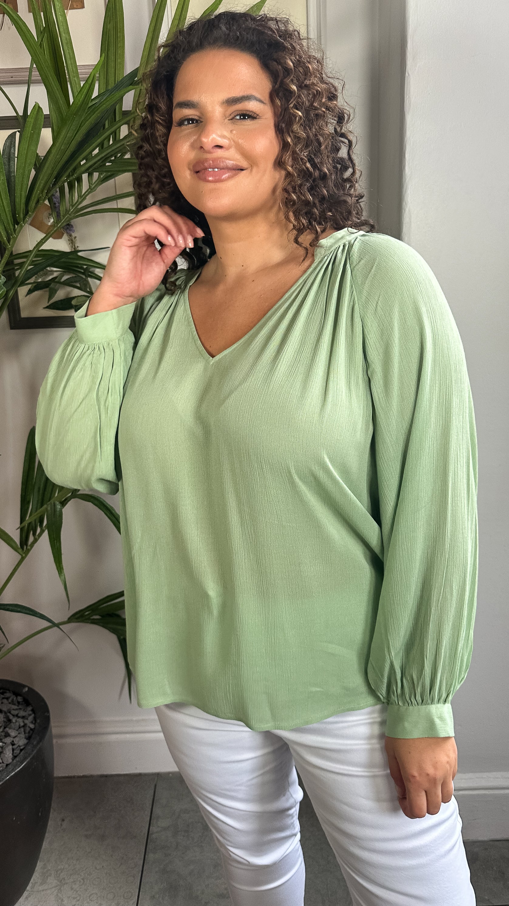 CurveWow Cheese Cloth Vneck Top Green