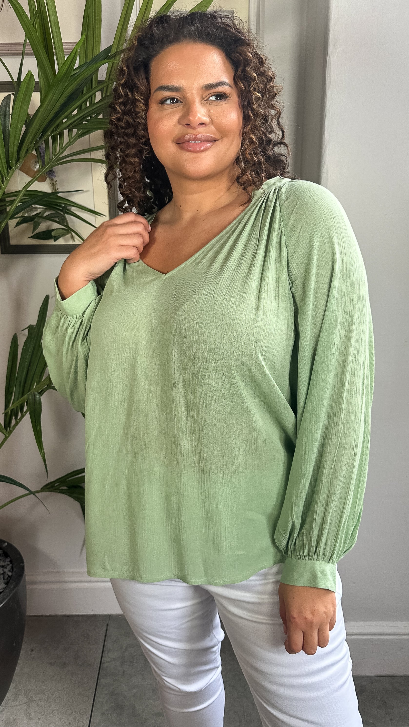 CurveWow Cheese Cloth Vneck Top Green