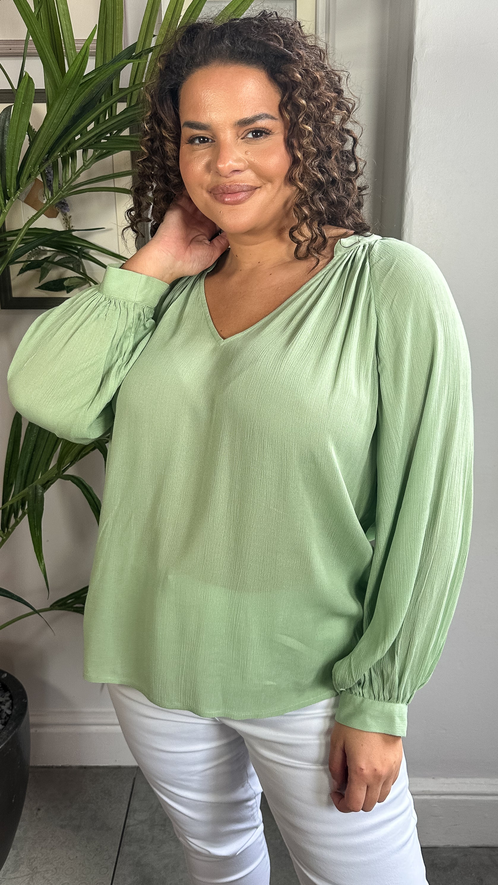 CurveWow Cheese Cloth Vneck Top Green
