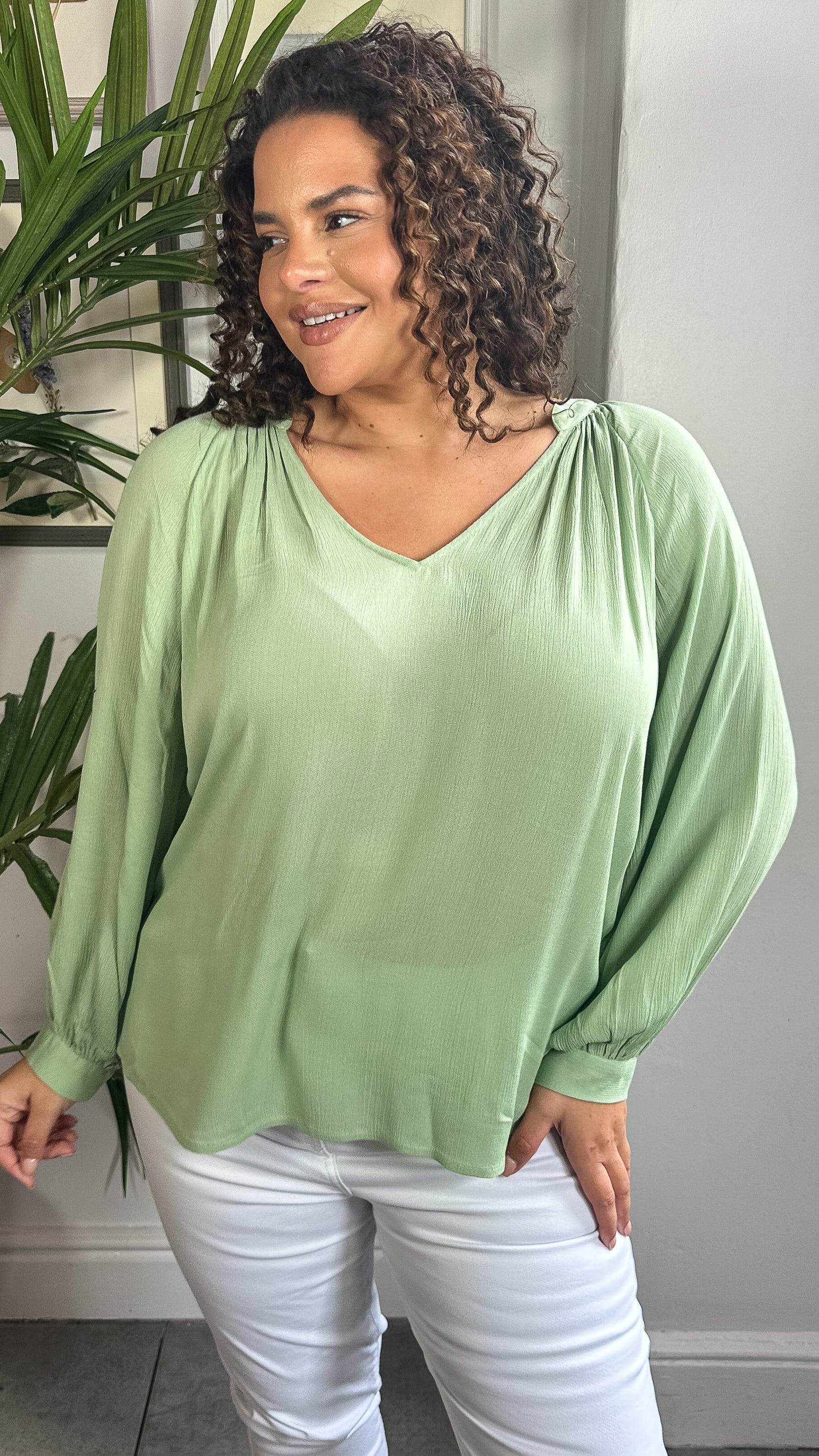 CurveWow Cheese Cloth Vneck Top Green