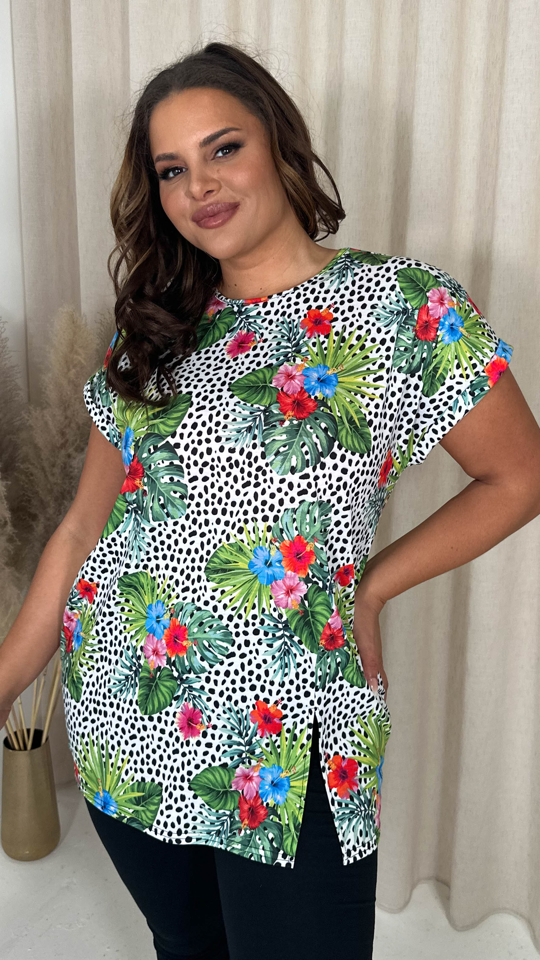 CurveWow Drop Shoulder Split Front Tunic Spot Palm