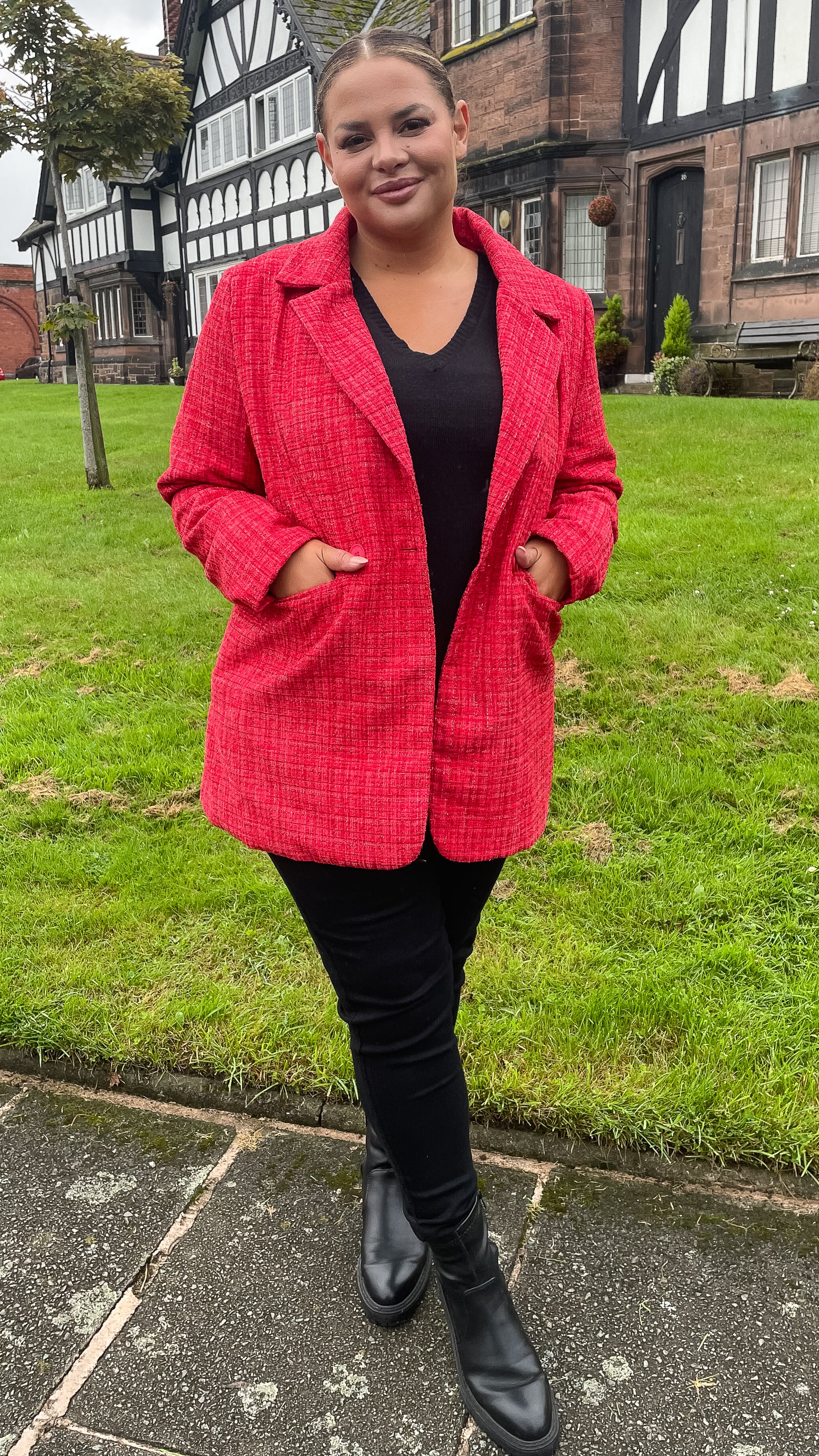 CurveWow Double Breasted Boucle Jacket Red