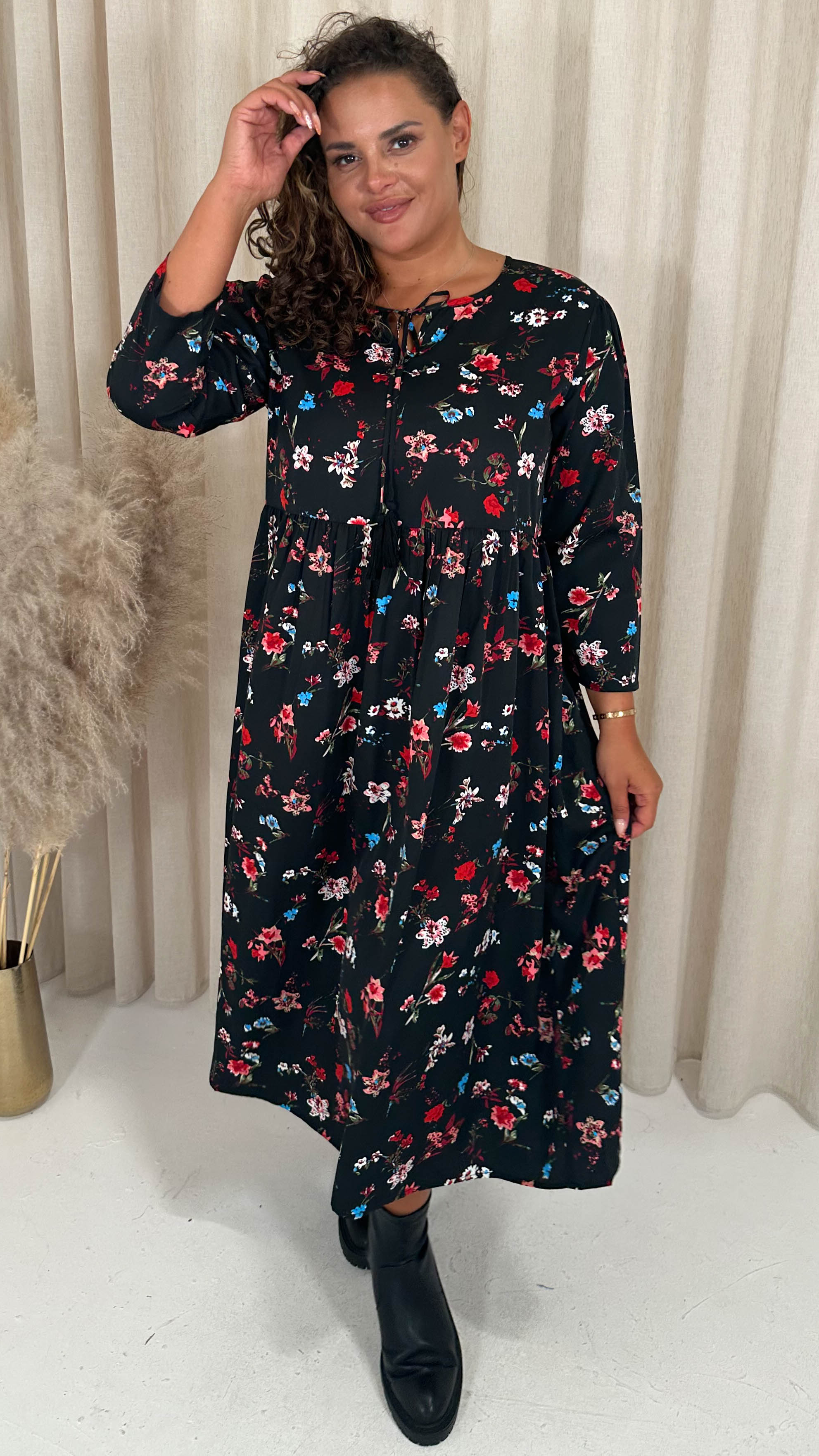 CurveWow Tassel Midaxi Dress Black Floral