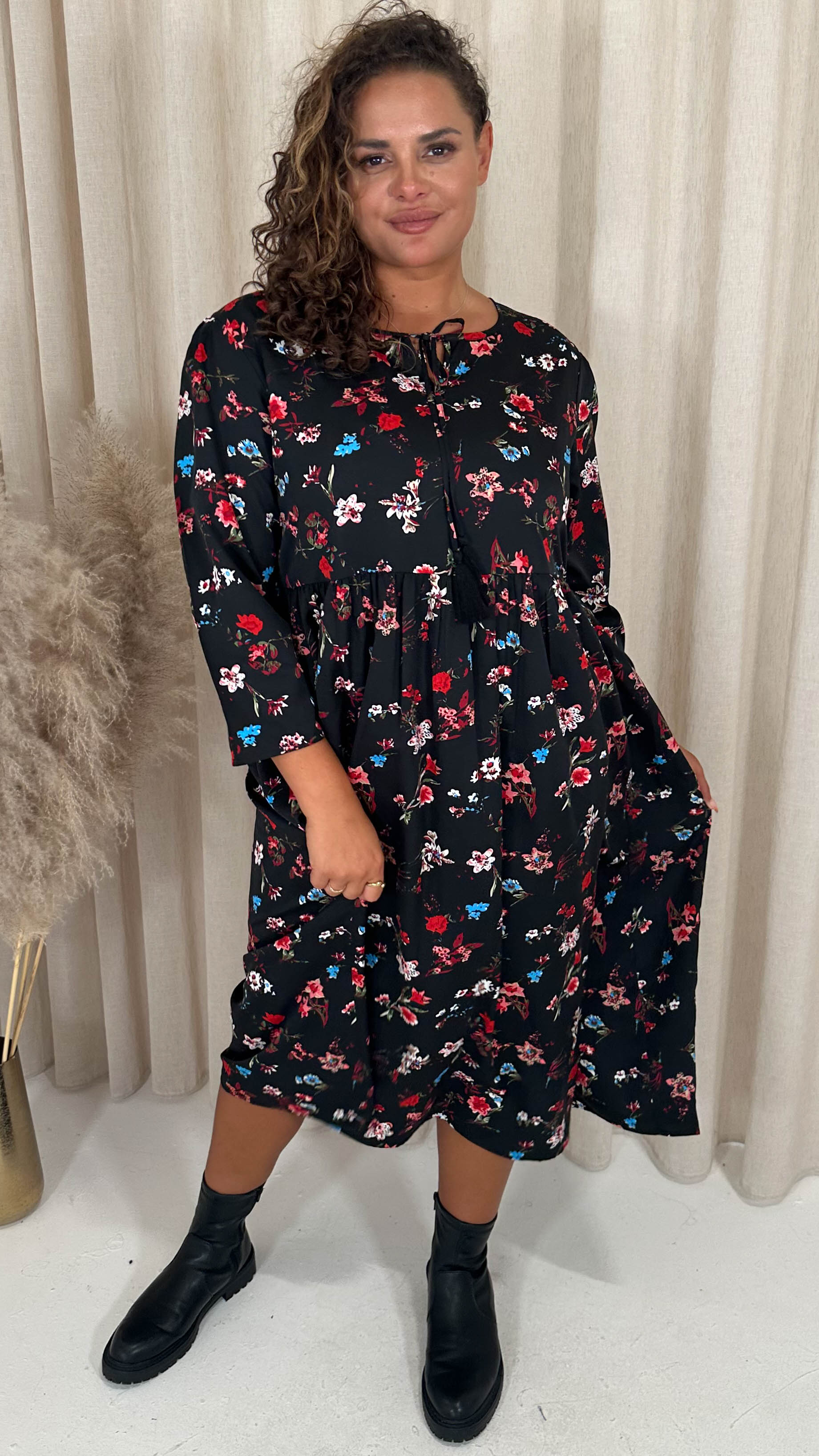 CurveWow Tassel Midaxi Dress Black Floral