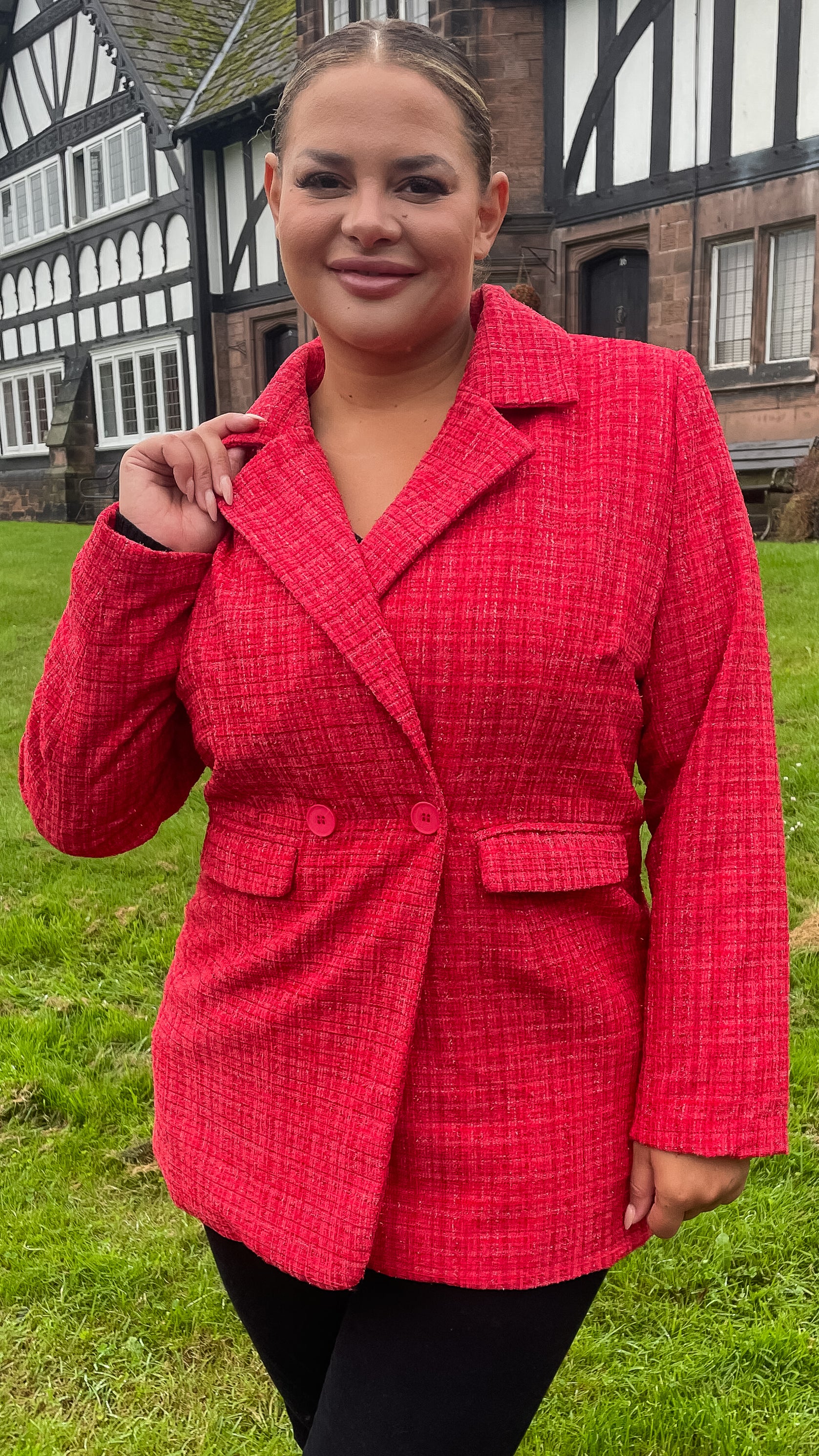 CurveWow Double Breasted Boucle Jacket Red