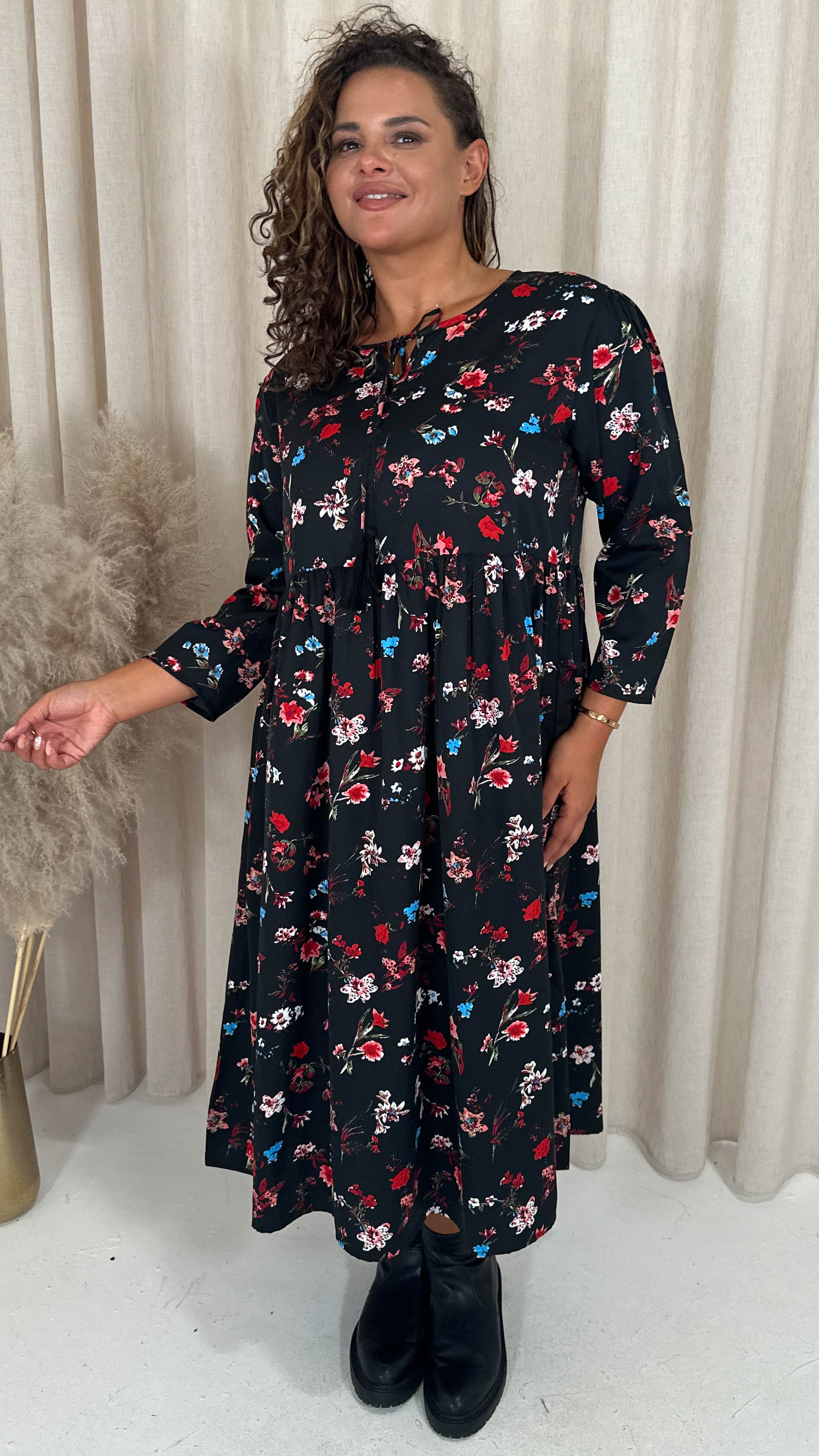 CurveWow Tassel Midaxi Dress Black Floral