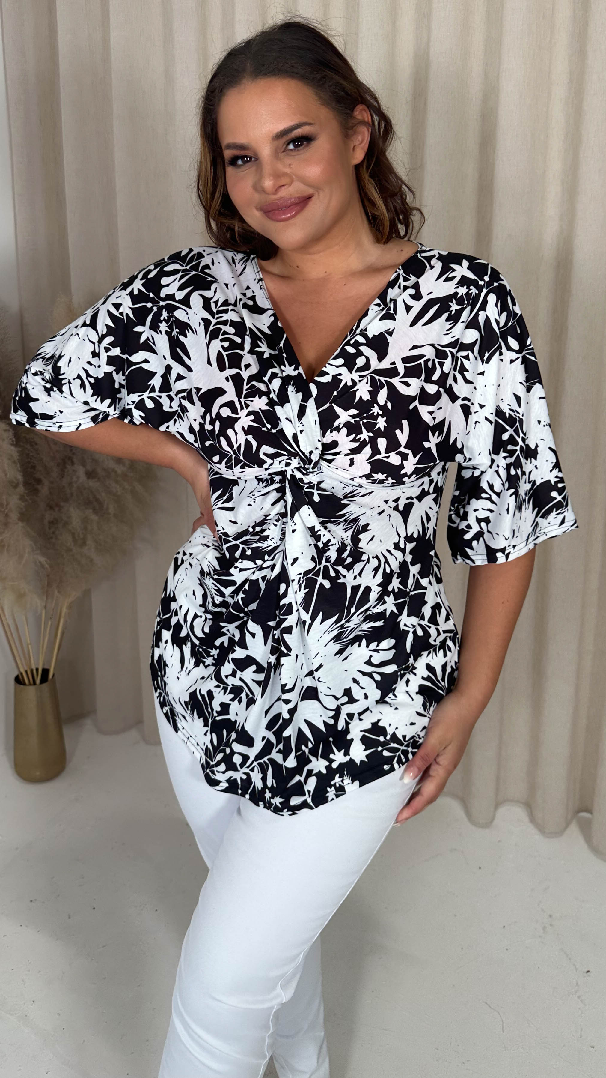 CurveWow Knot Front Drop Shoulder Tunic Top Mono Floral