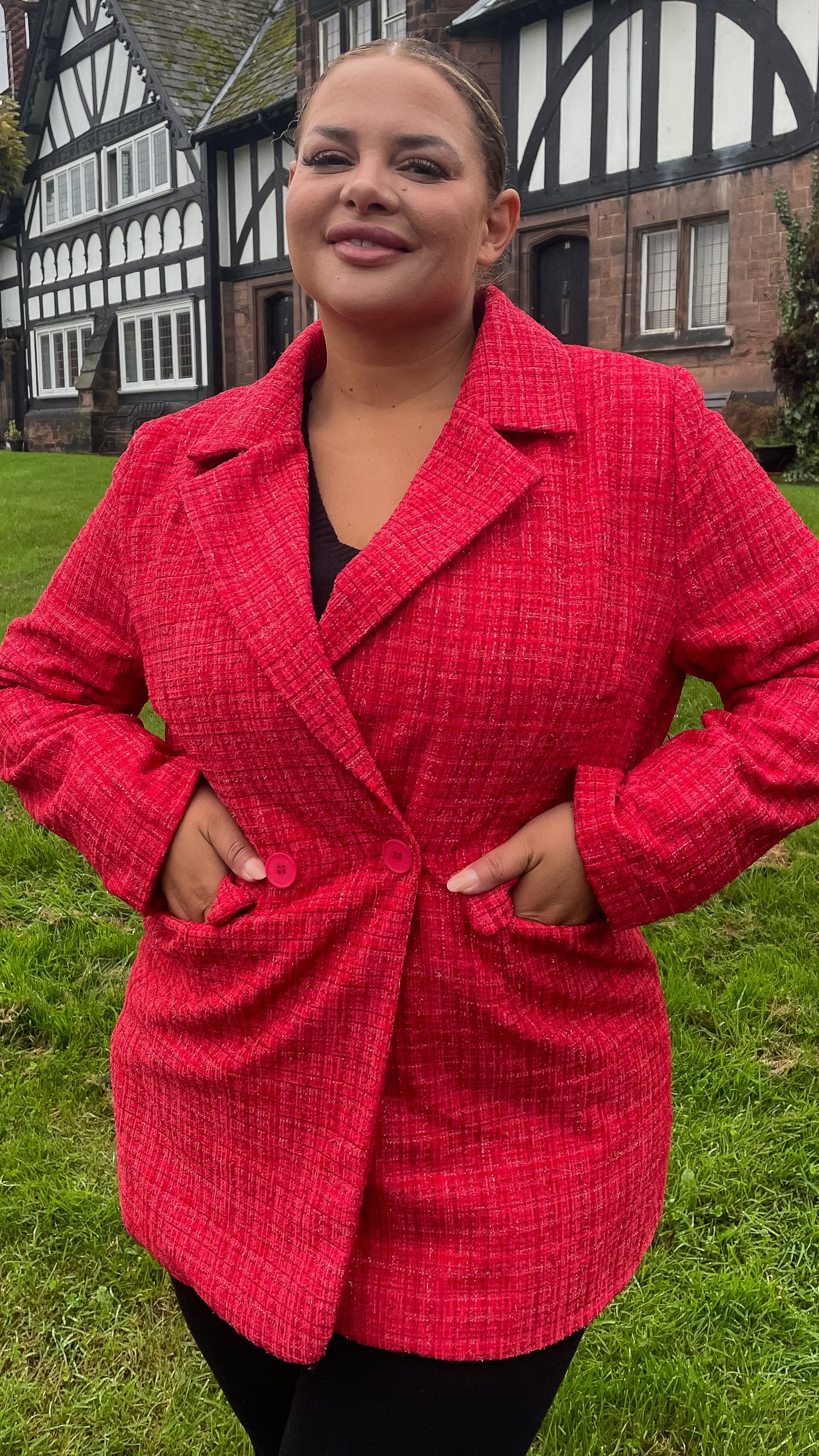 CurveWow Double Breasted Boucle Jacket Red