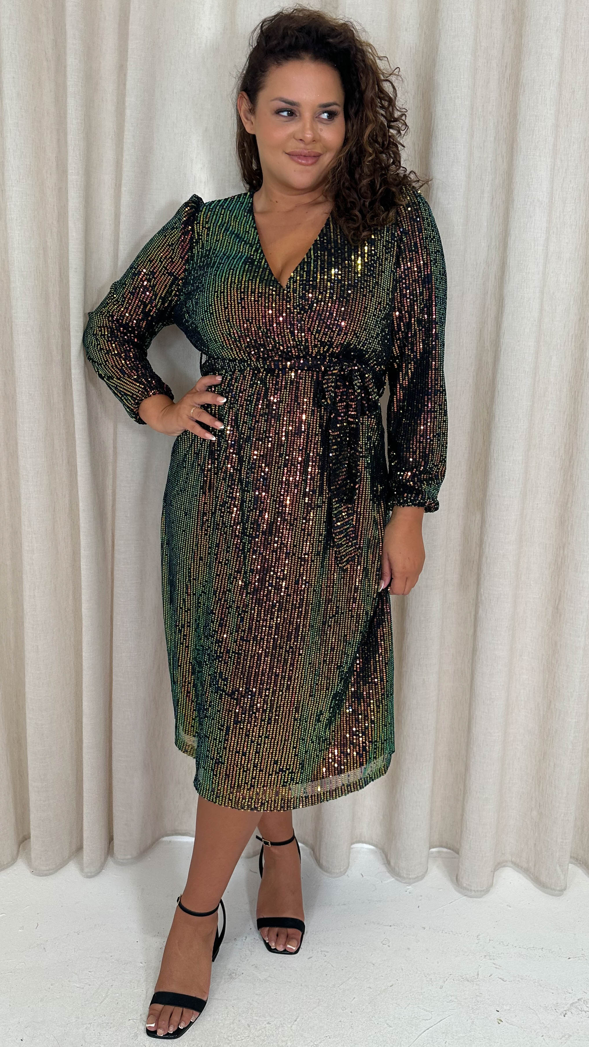 CurveWow Sequin Long Sleeve Midi Dress Multi Black