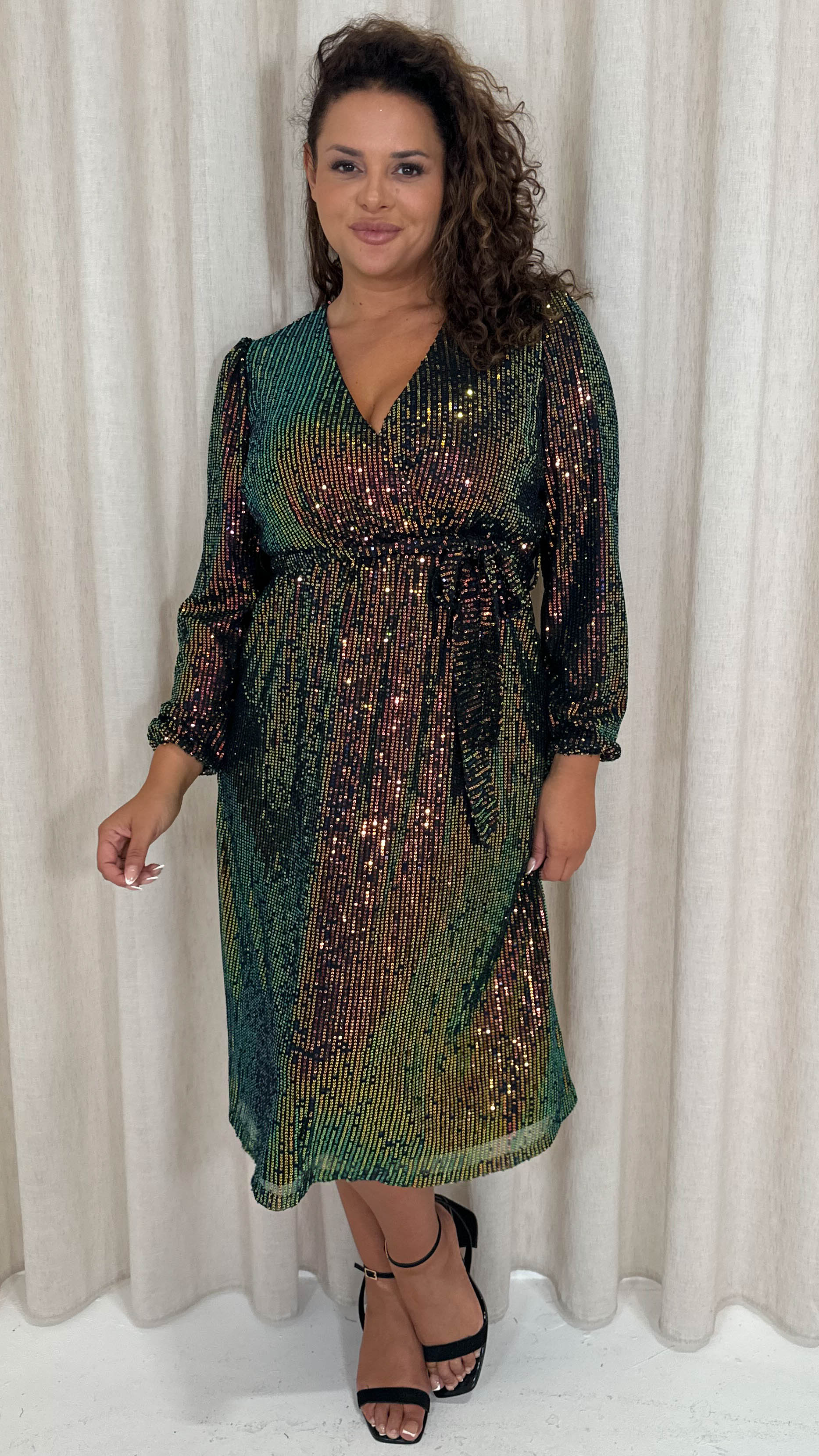 CurveWow Sequin Long Sleeve Midi Dress Multi Black