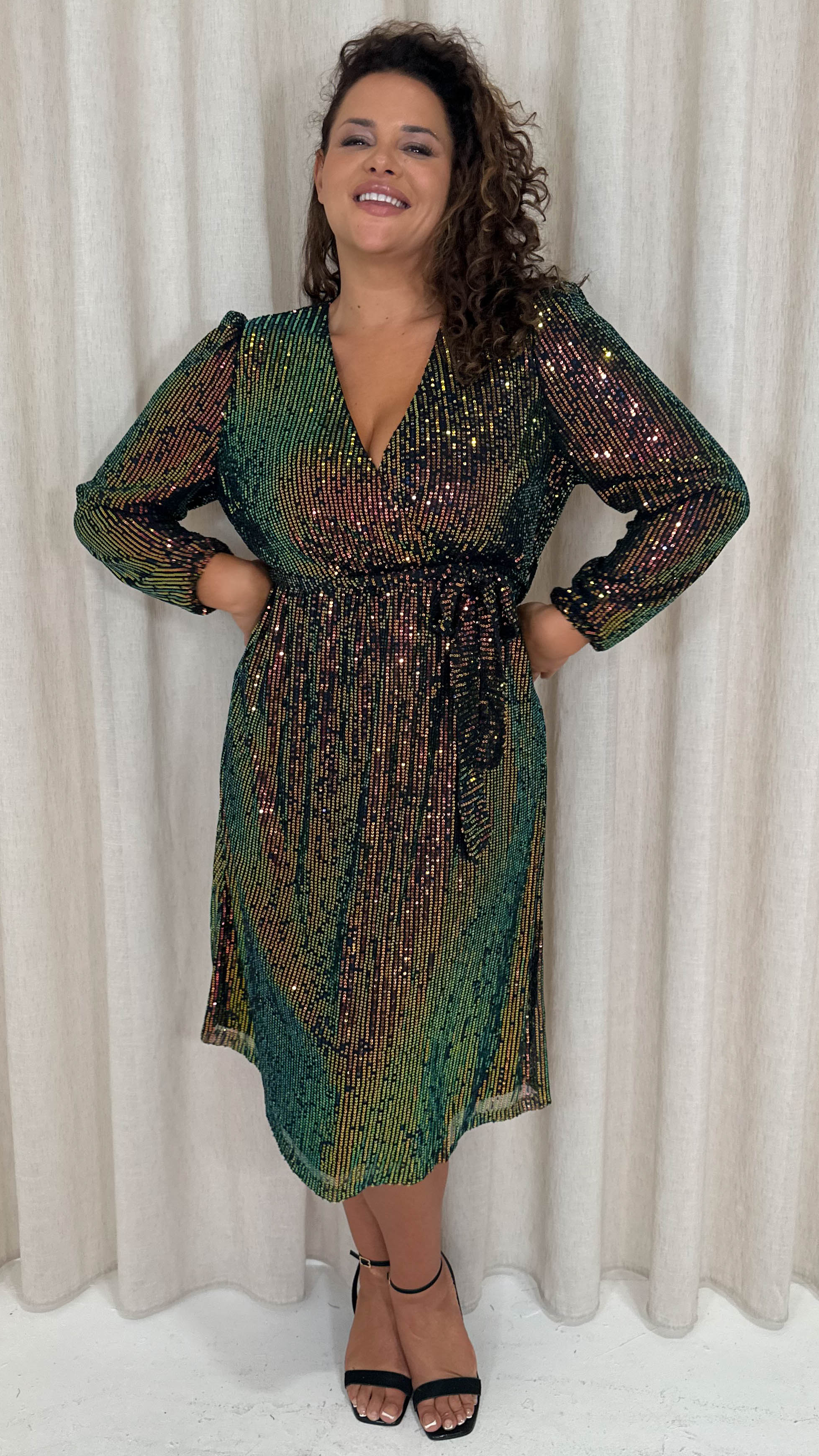 CurveWow Sequin Long Sleeve Midi Dress Multi Black