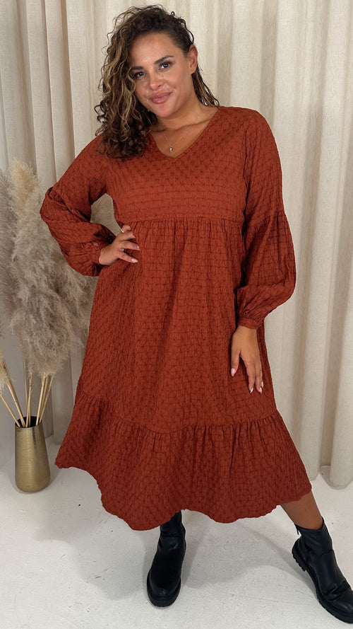 CurveWow Textured V Neck Smock Dress Rust
