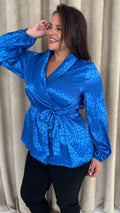 CurveWow Wrap Tie Waist Blouse Blue