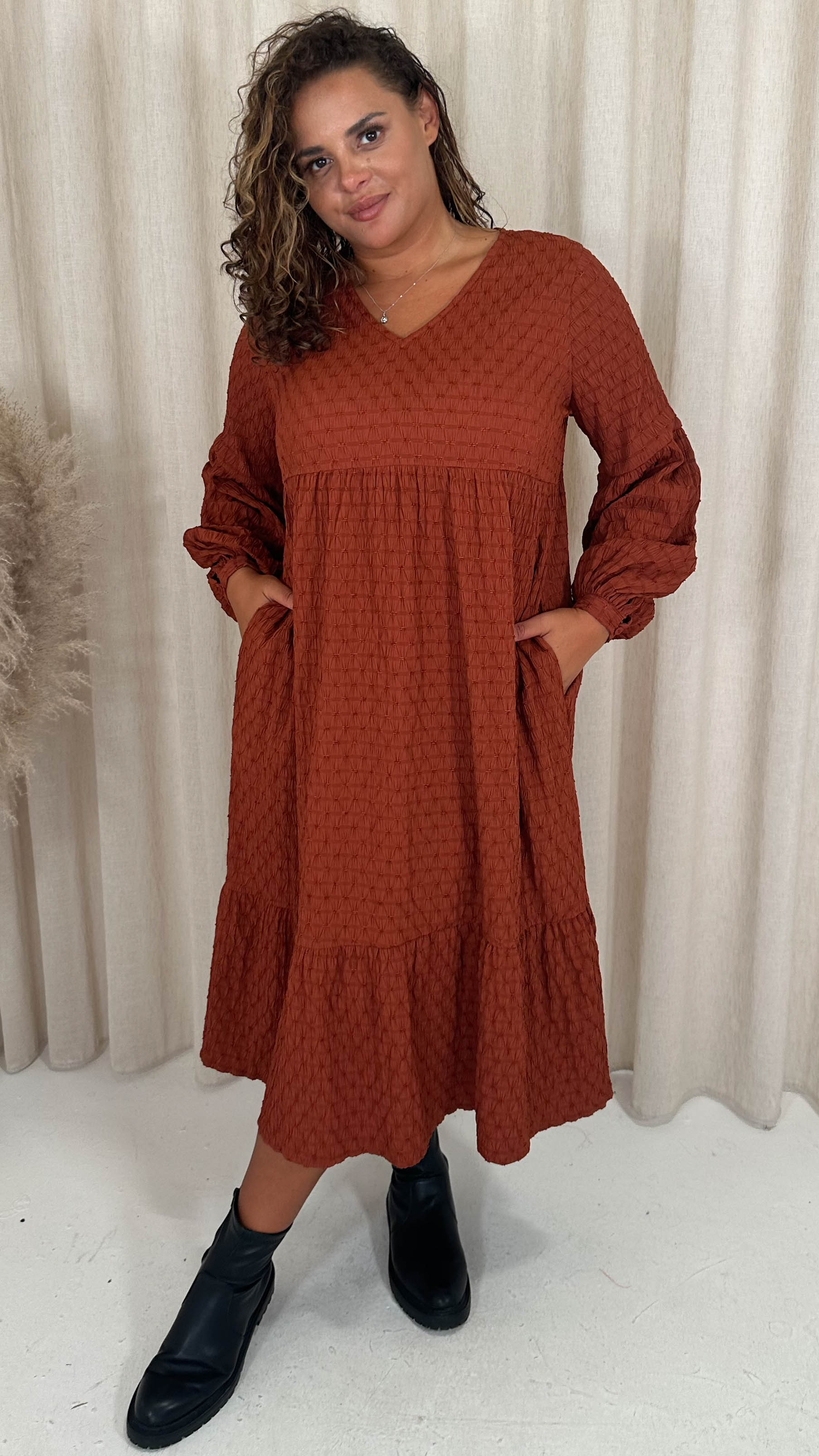 CurveWow Textured V Neck Smock Dress Rust
