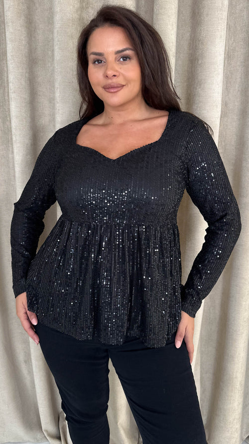 CurveWow Sequin Sweetheart Peplum Top Black