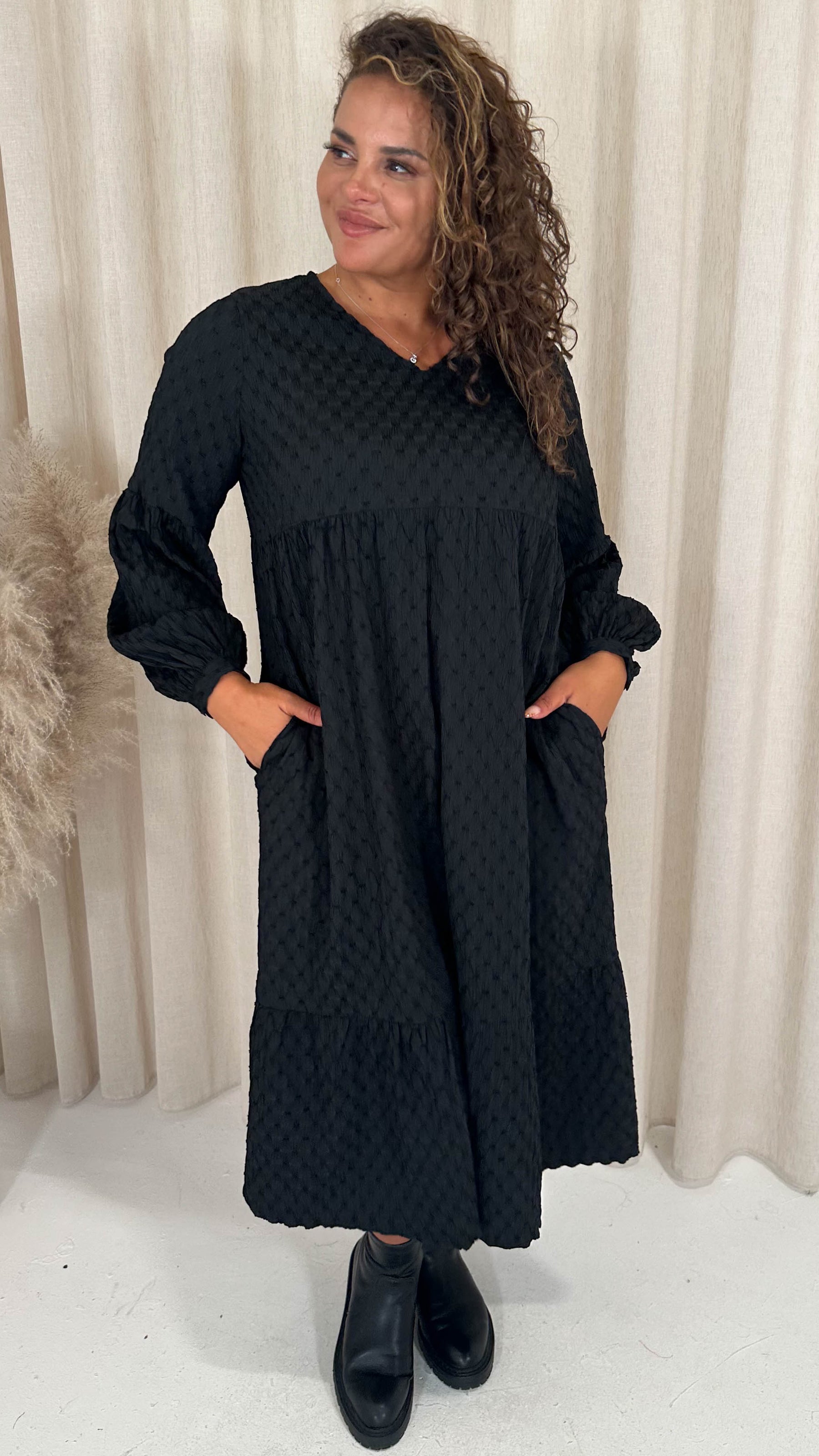 CurveWow Textured V Neck Smock Dress Black – Curvewow CurveWow Textured V Neck Smock Dress Black – Curvewow