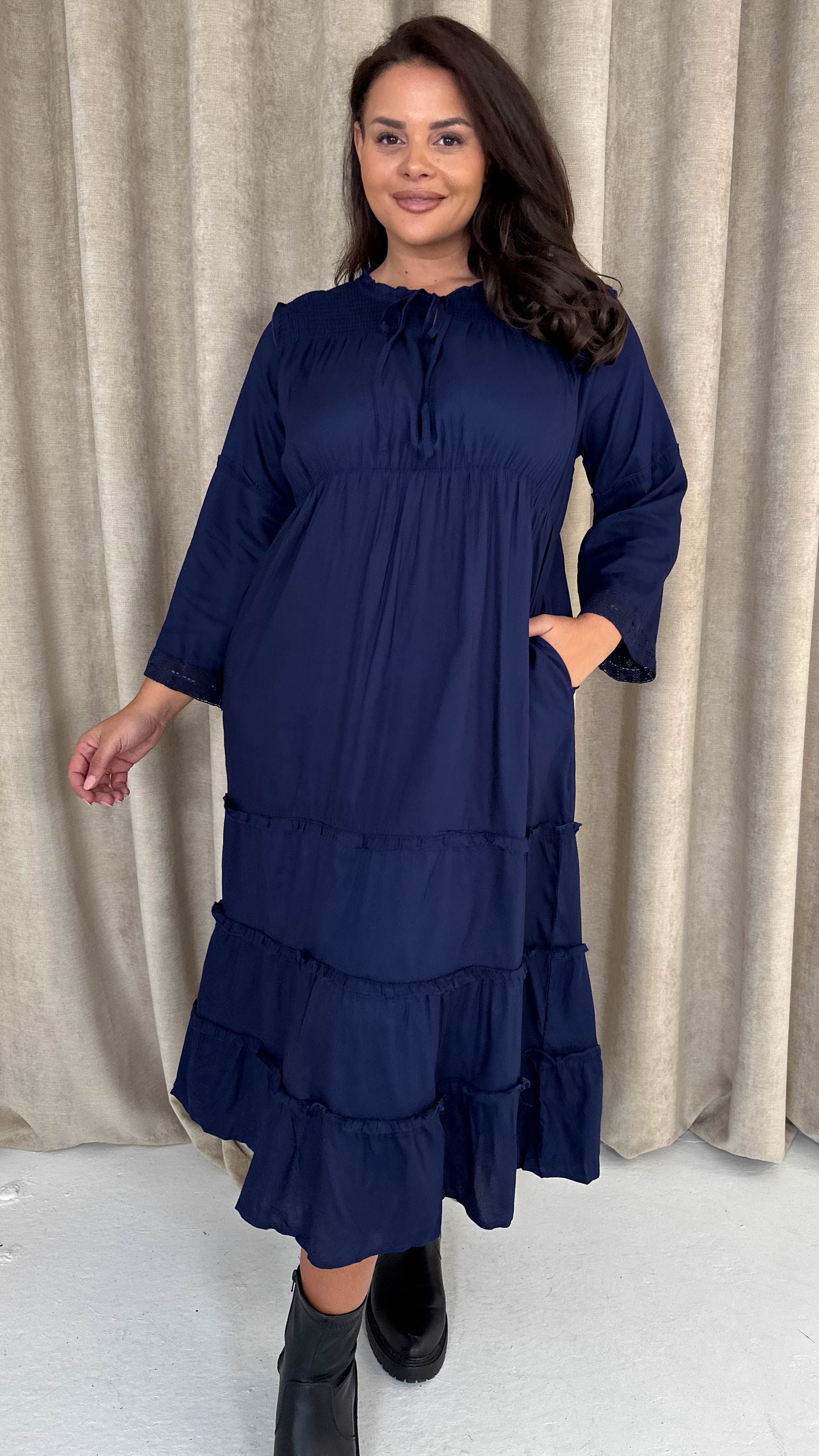 CurveWow Tie Front Tiered Maxi Dress Navy