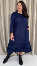 CurveWow Tie Front Tiered Maxi Dress Navy