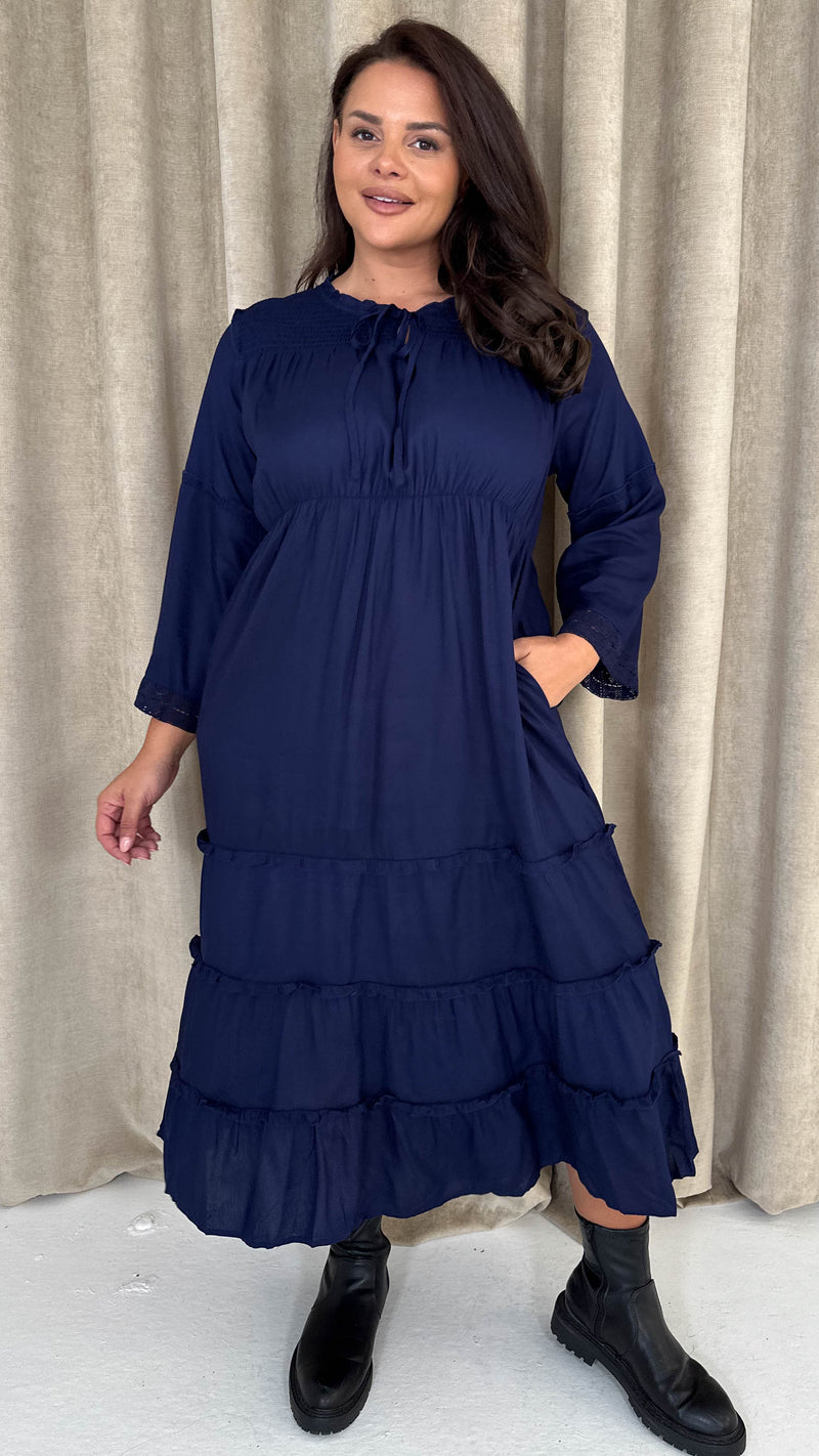 CurveWow Tie Front Tiered Maxi Dress Navy
