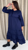 CurveWow Tie Front Tiered Maxi Dress Navy