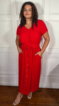 CurveWow Button Front Ocean Crepe Maxi Dress Red