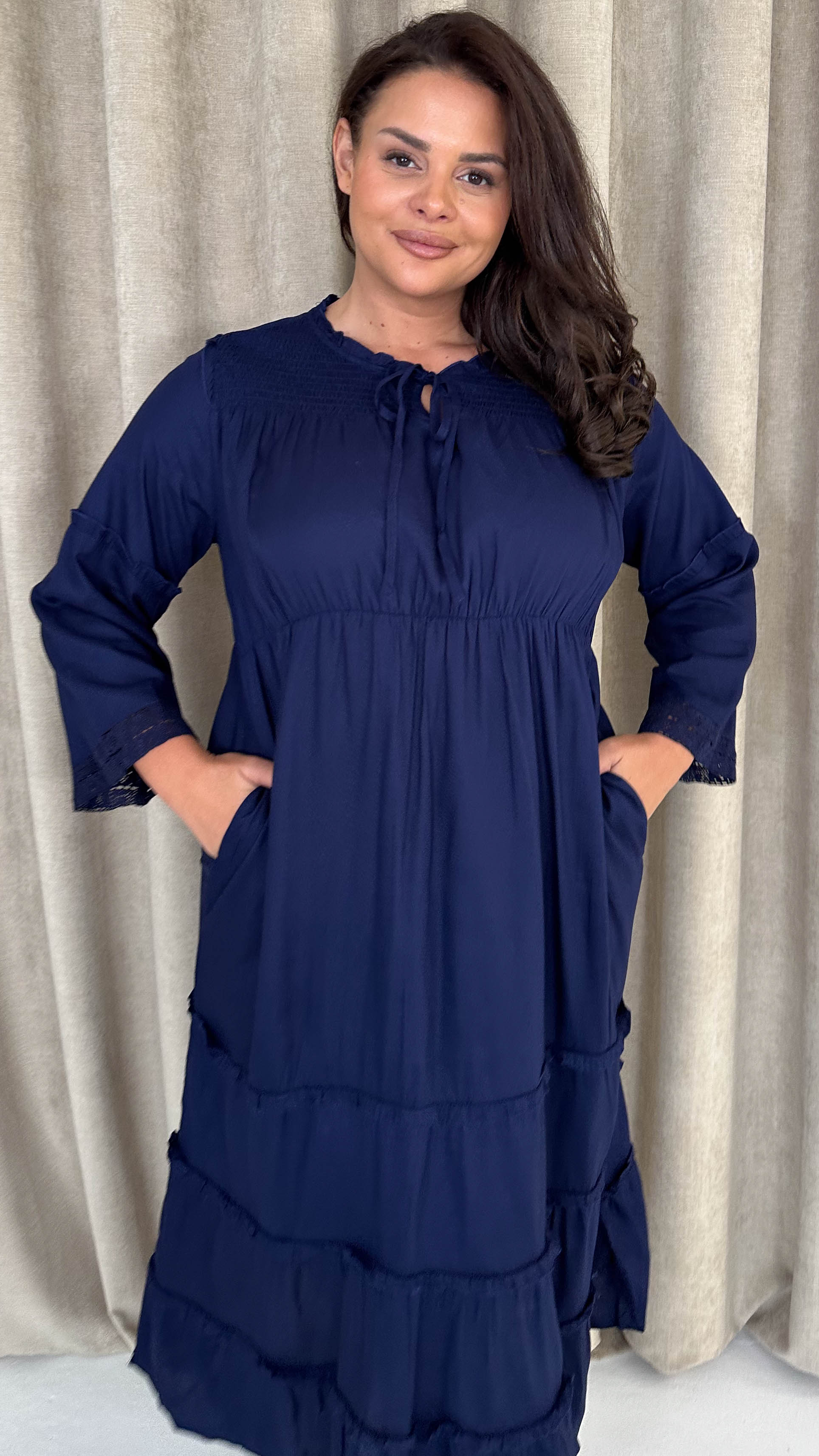 CurveWow Tie Front Tiered Maxi Dress Navy