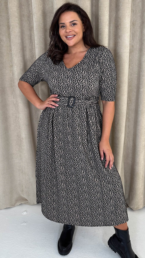 CurveWow 3/4 Sleeve Belted Midi Dress Animal Print