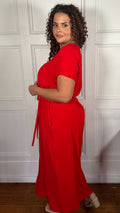 CurveWow Button Front Ocean Crepe Maxi Dress Red