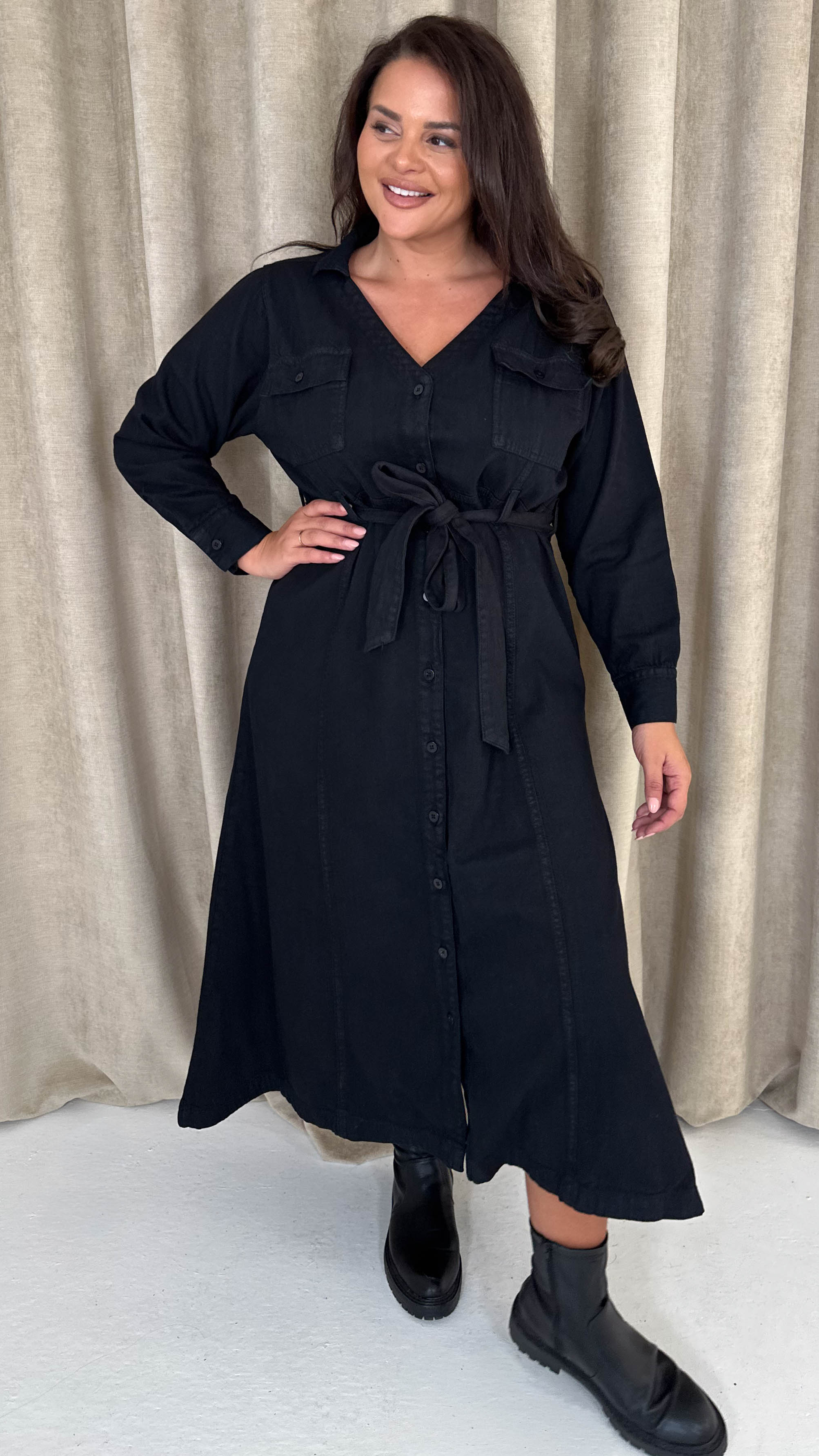 CurveWow Denim Belted Midaxi Shirt Dress Black Wash