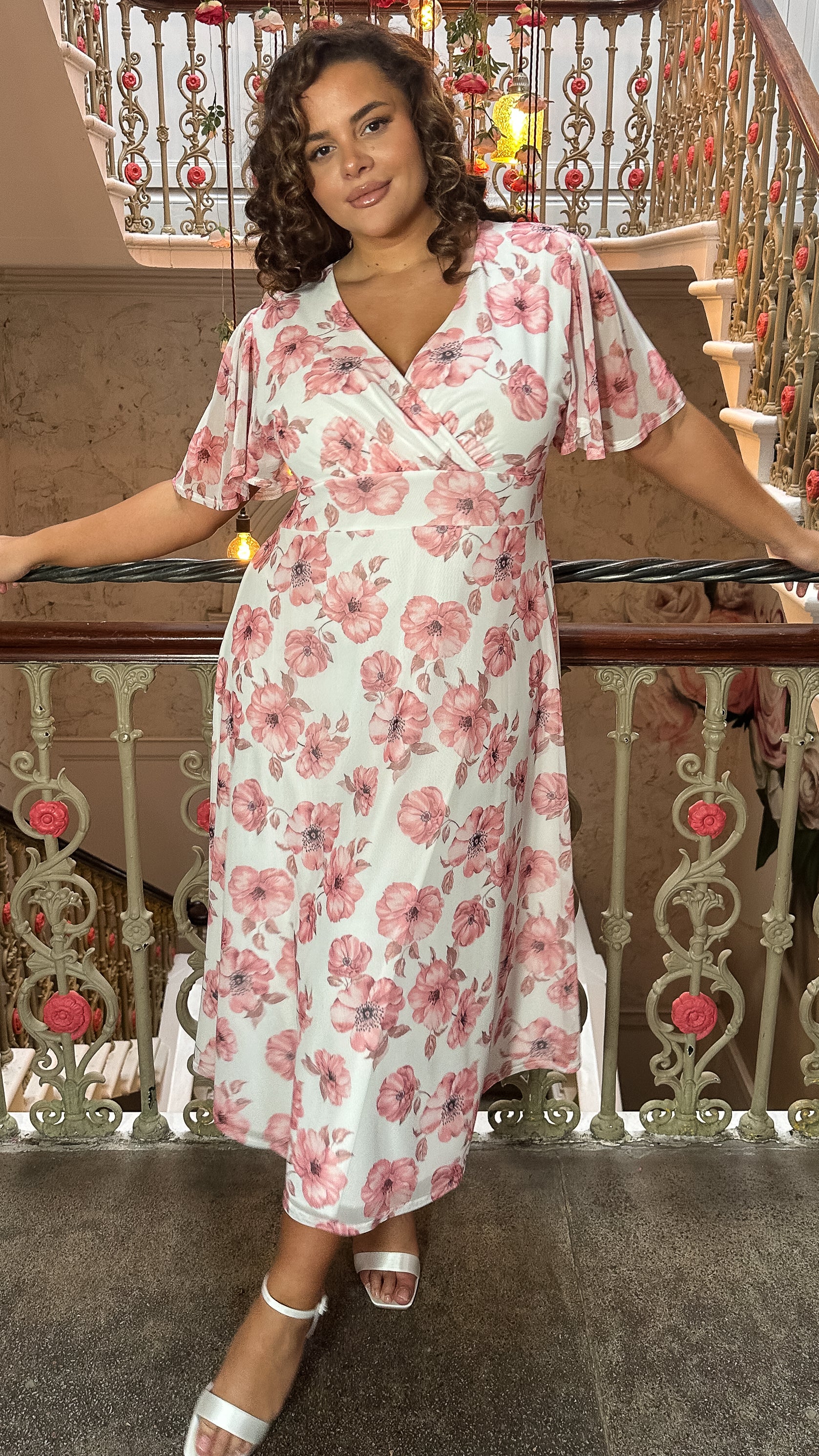 CurveWow Mesh Angel Sleeve Dress Pink Floral Curvewow CurveWow Mesh Angel Sleeve Dress Pink Floral Curvewow