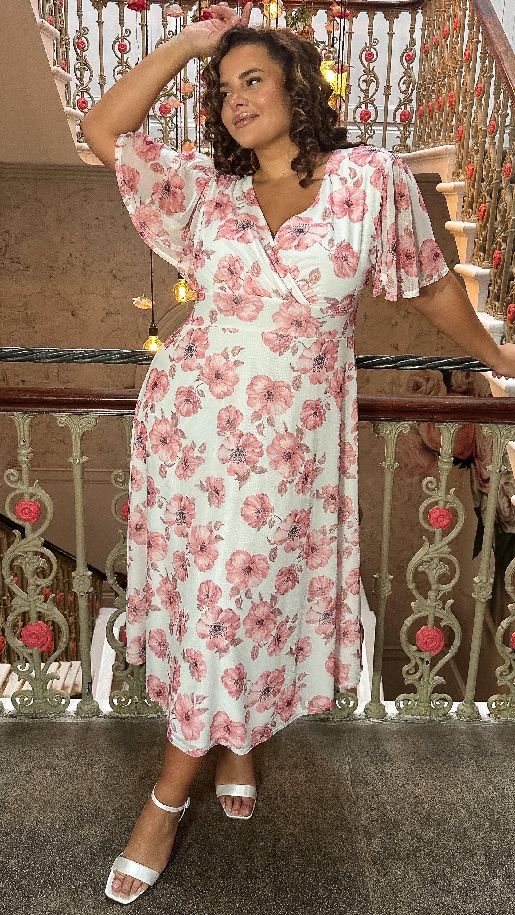 CurveWow Mesh Angel Sleeve Dress Pink Floral Curvewow CurveWow Mesh Angel Sleeve Dress Pink Floral Curvewow