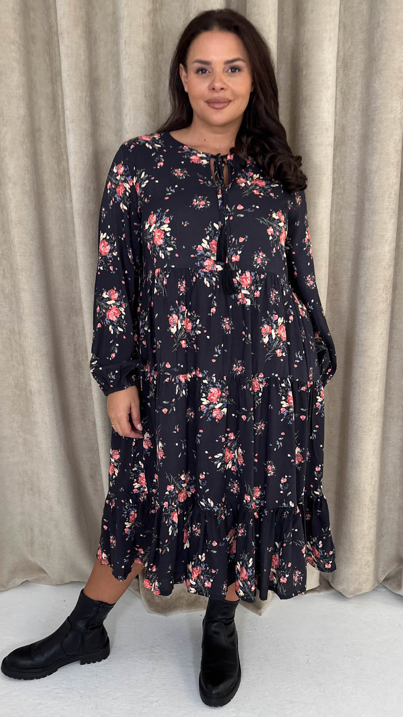 CurveWow Floral Tassel Tiered Dress Black Floral