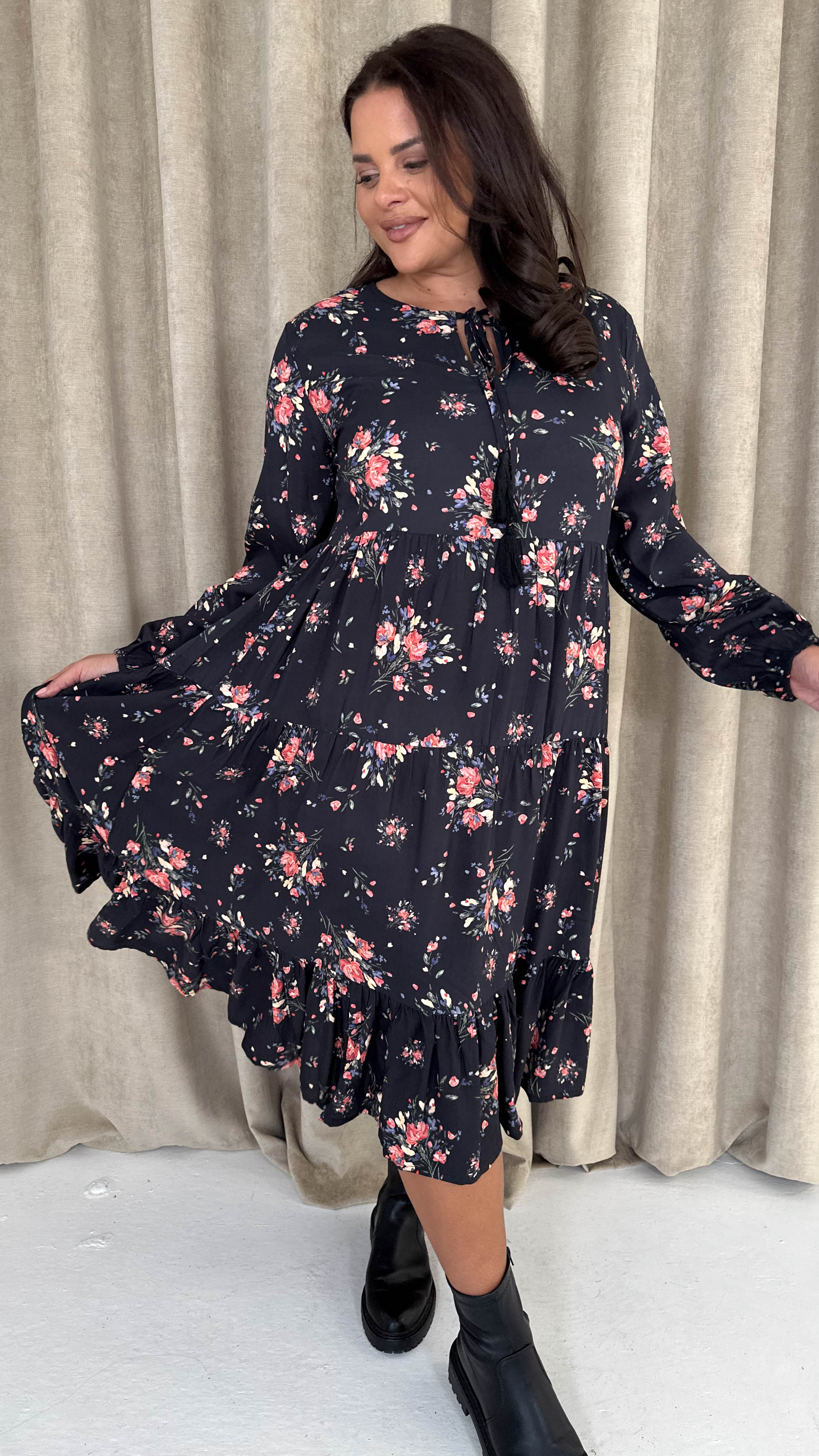 CurveWow Floral Tassel Tiered Dress Black Floral