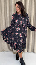 CurveWow Floral Tassel Tiered Dress Black Floral