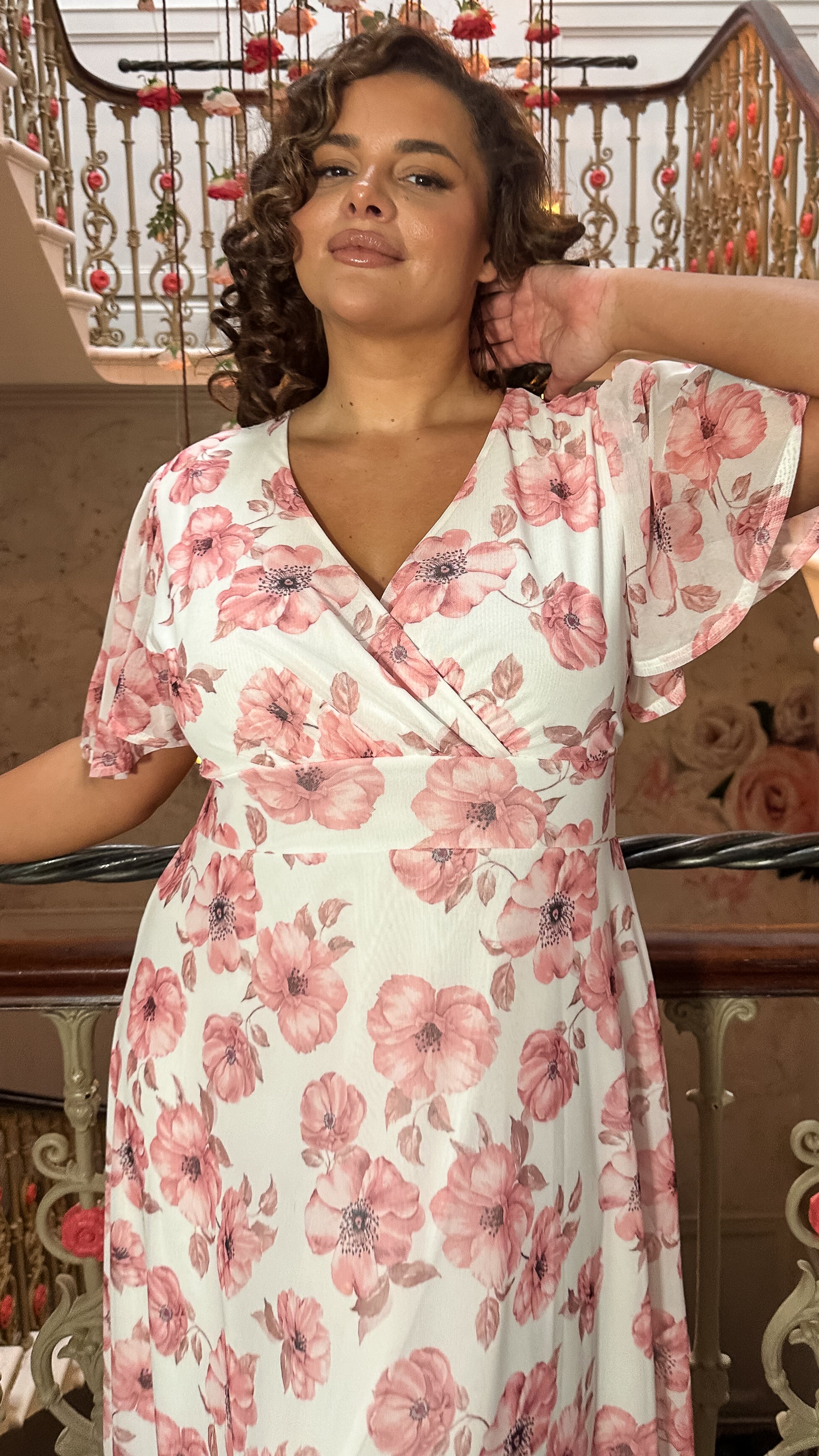 CurveWow Mesh Angel Sleeve Dress Pink Floral