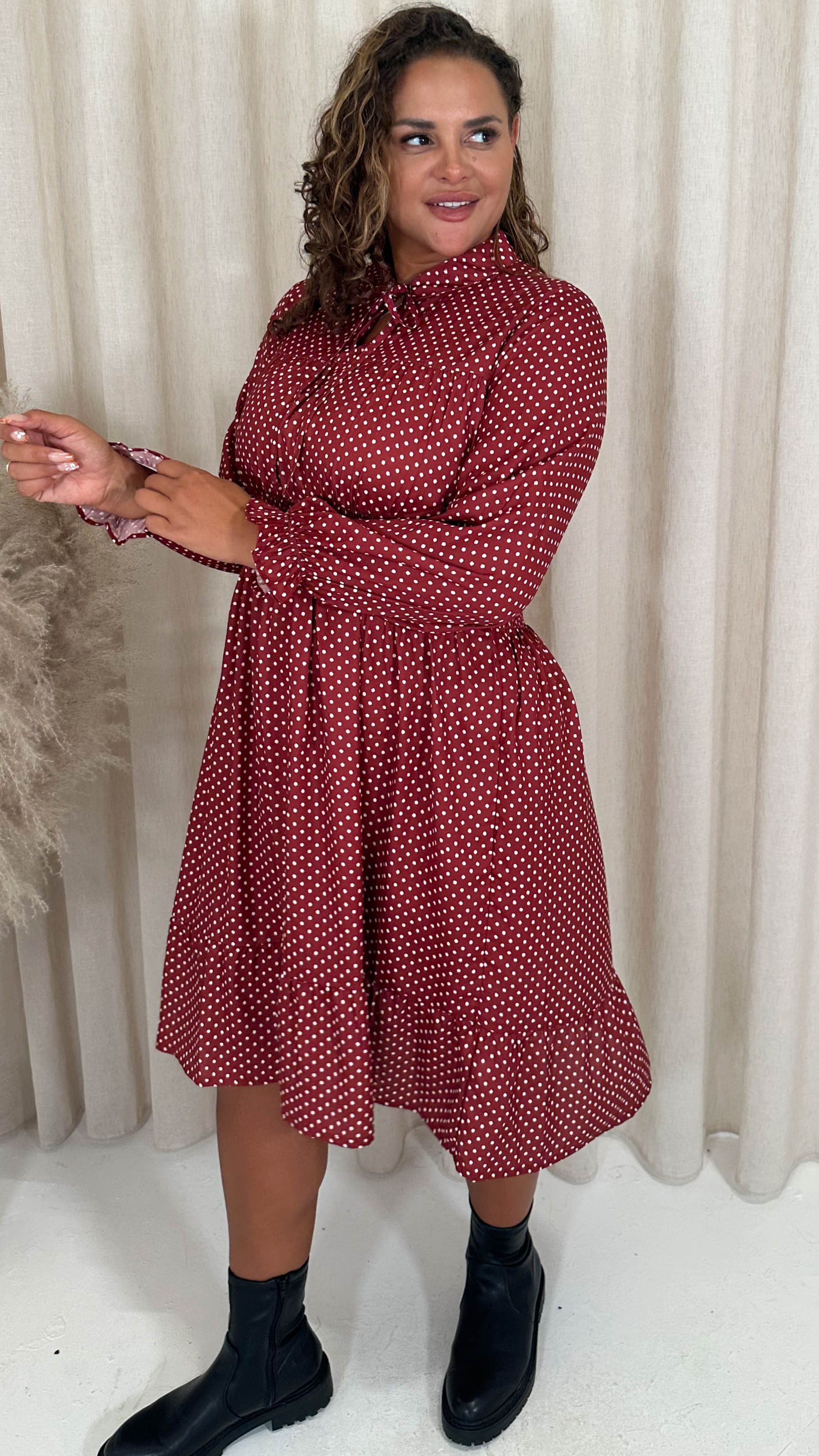 CurveWow Shirred Waist Tie Neck Dress Red Spot