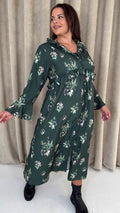 CurveWow Ruffle Button Front Flare Sleeve Midi Dress Green Floral
