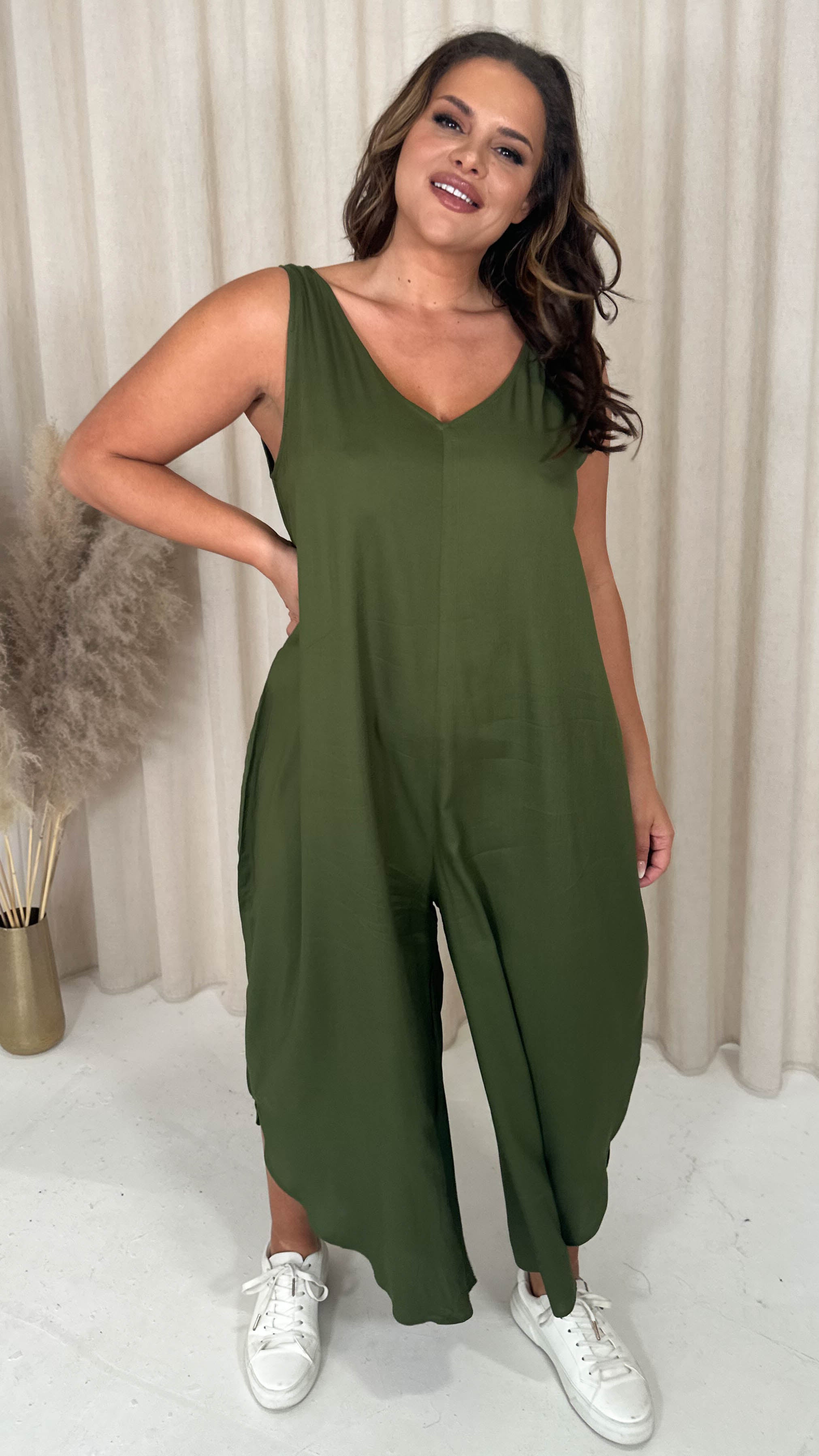 CurveWow Double V Neck Dip Hem Jumpsuit Khaki