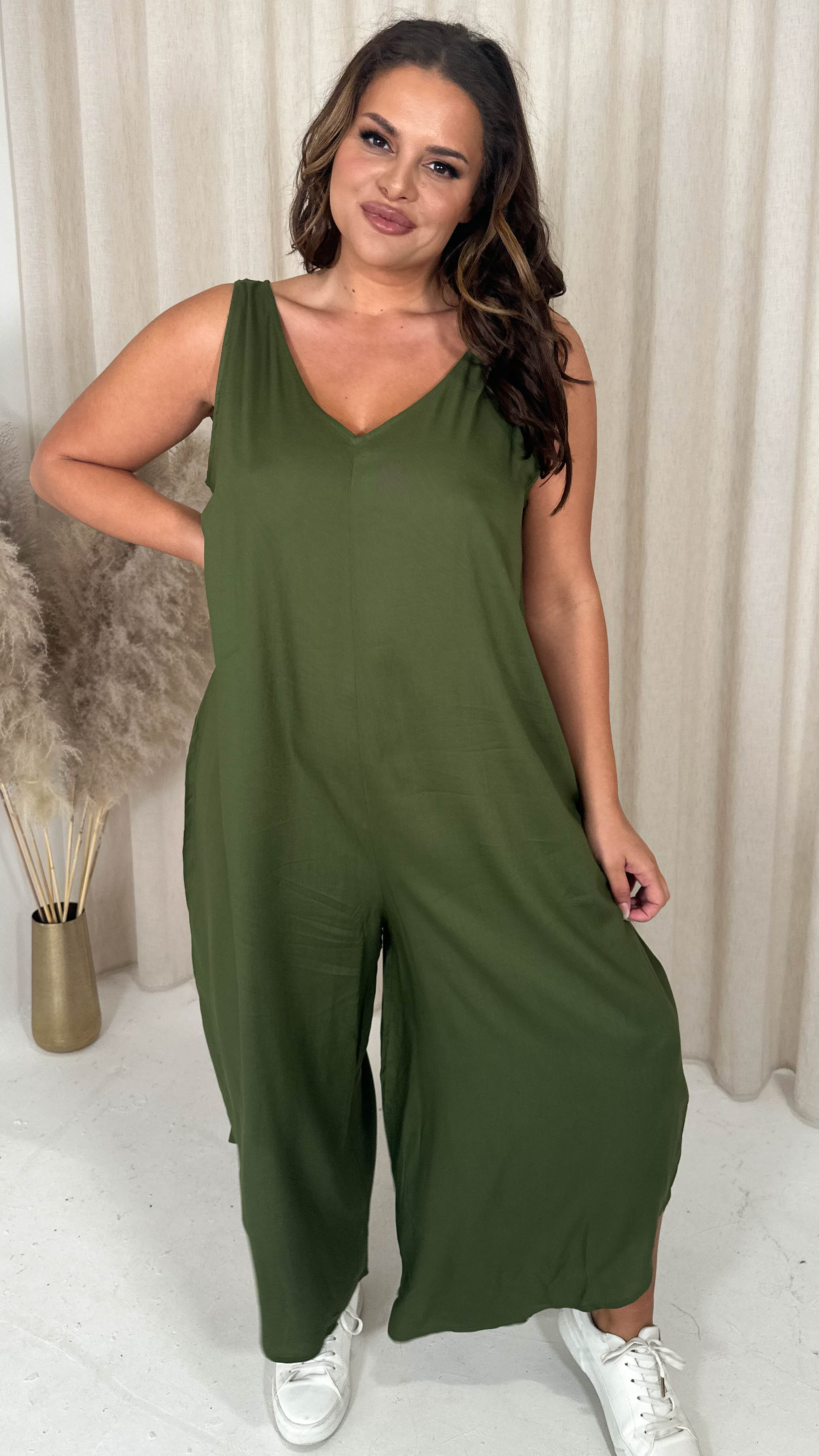 CurveWow Double V Neck Dip Hem Jumpsuit Khaki