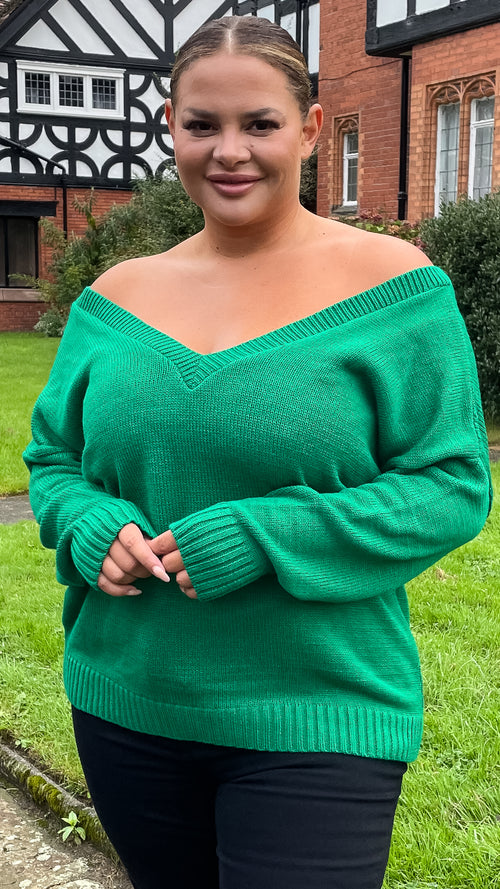 CurveWow Off The Shoulder Knitted Jumper Emerald